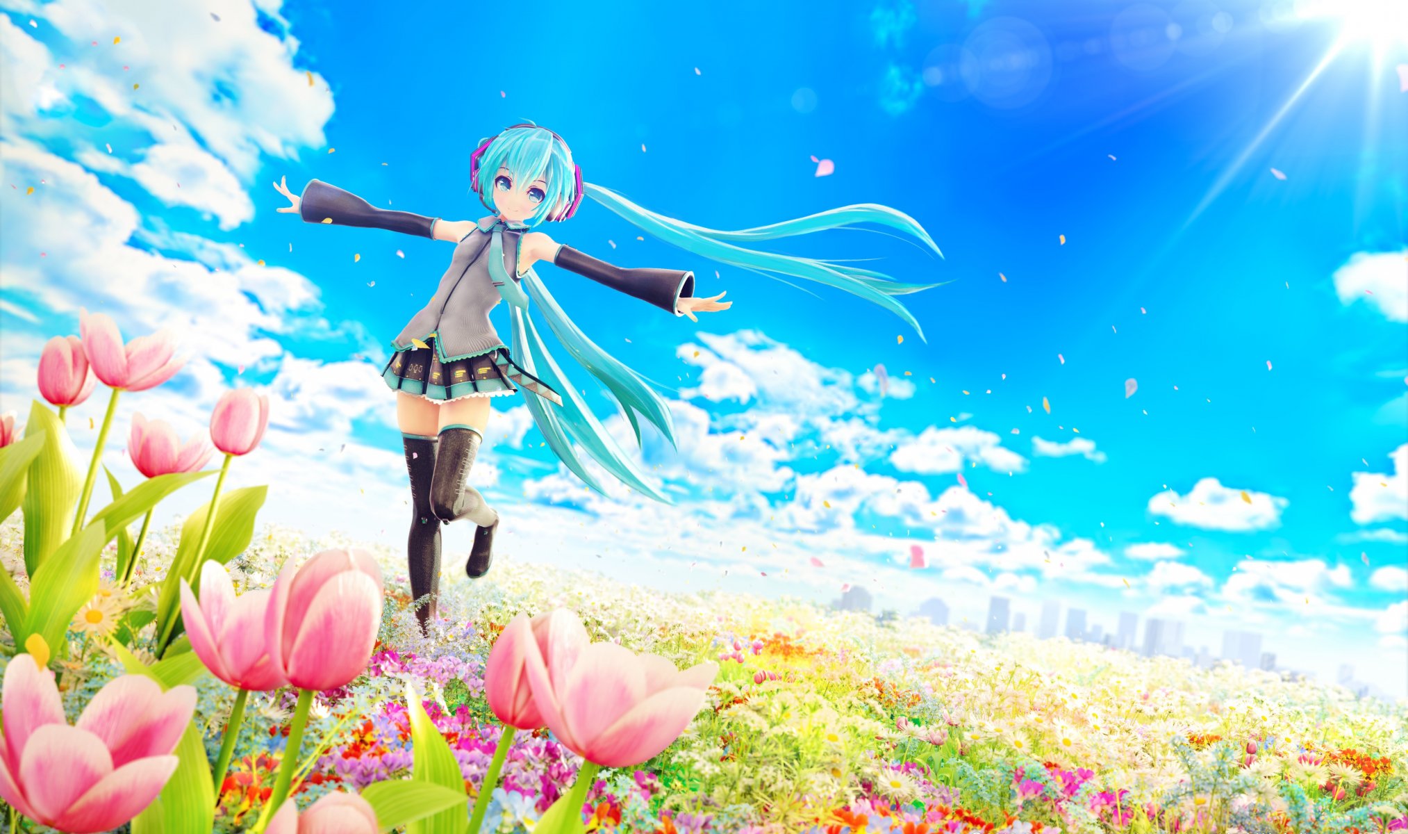 kunst chuukarudoruhu hatsune miku vocaloid mädchen feld blumen tulpen wolken wind sonne blütenblätter