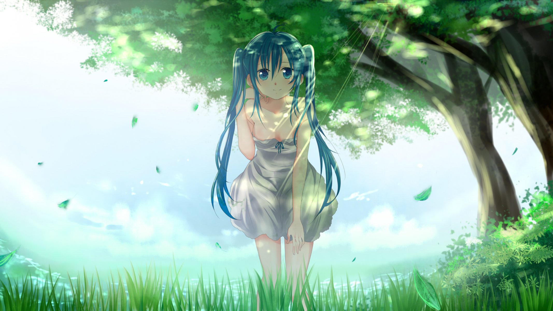 art mariwai marireroy vocaloid hatsune miku girl trees leaves vocaloid nature light