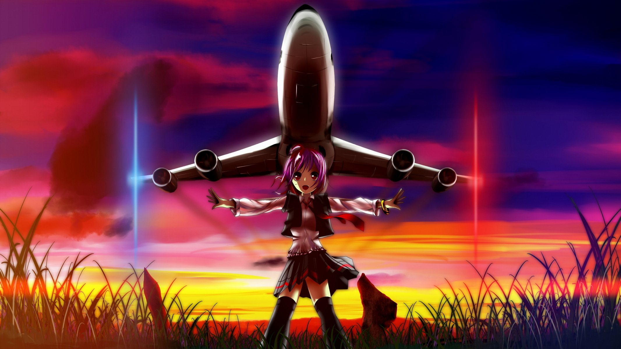 art girl plane sun sunset lights nature anime sky