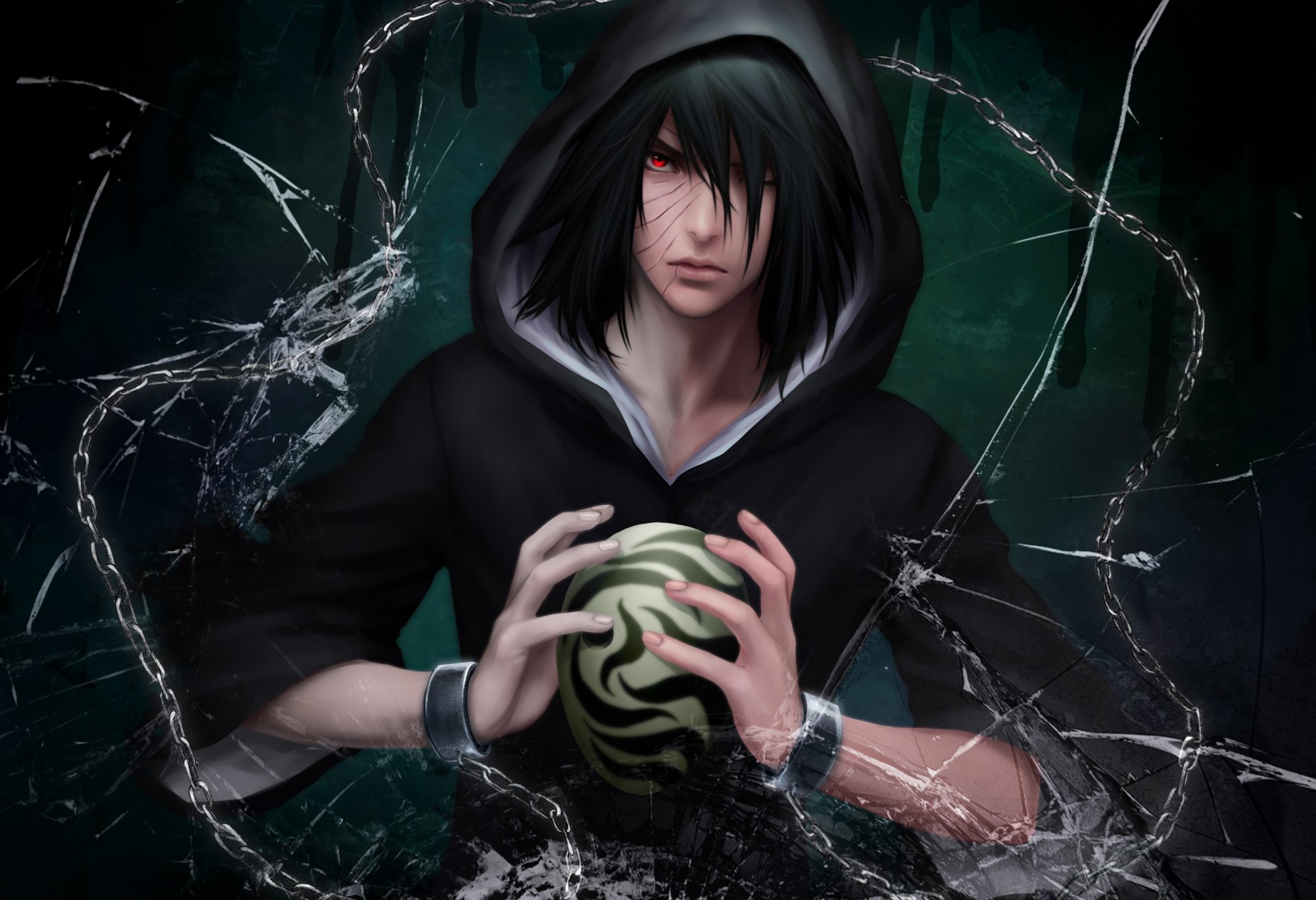 kunst zetsuai89 obito uchiha naruto kerl maske kapuze glas zerbrochen splitter ketten rotes auge