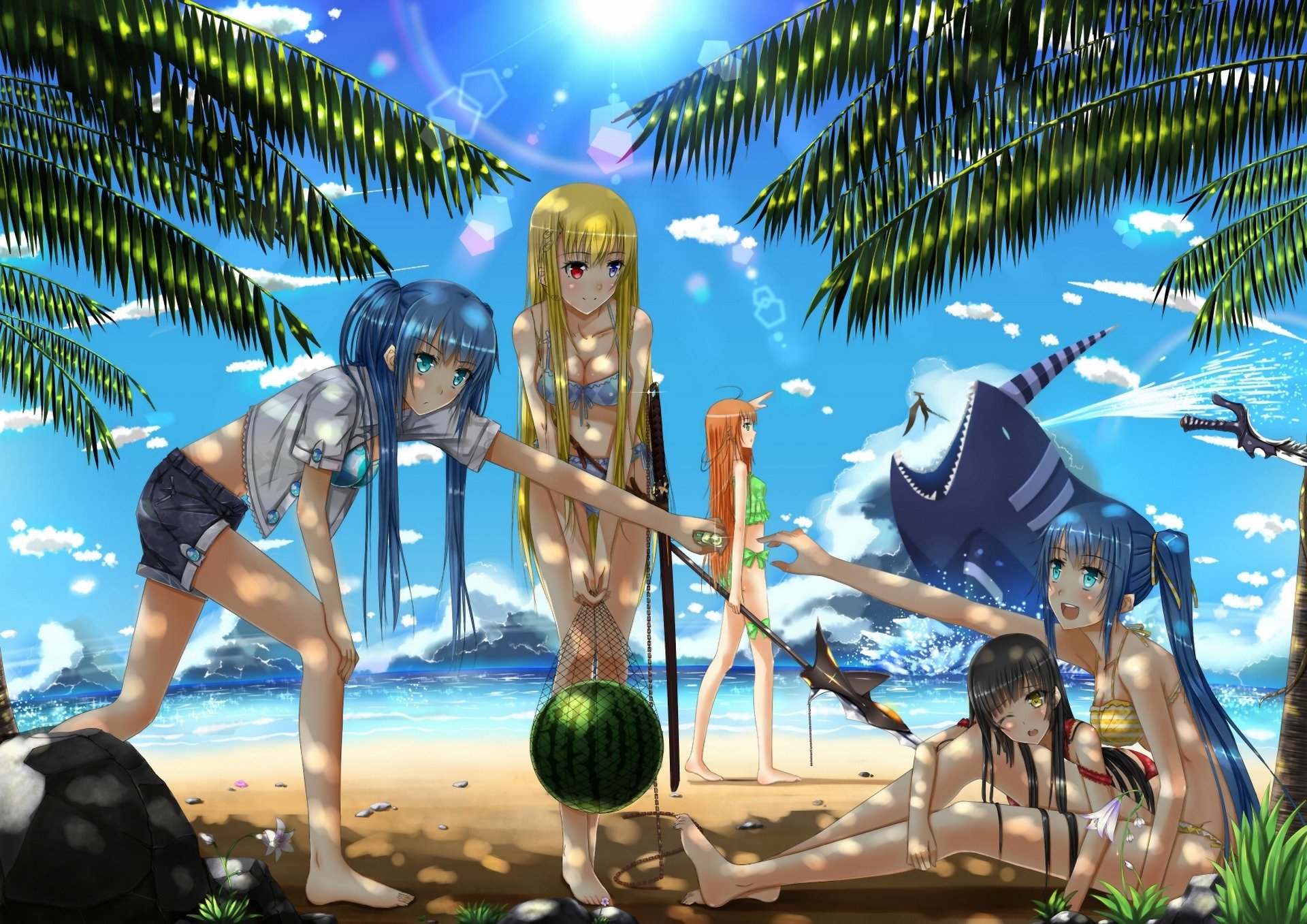 art swordsouls filles plage mer palmiers côte amusement ciel nuages pastèque hétérochromie arme anime