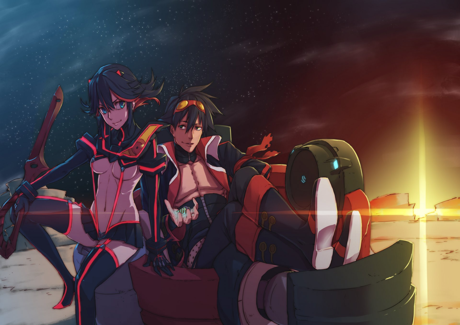 art hu58013901 fille matoi ryuuko garçon simon sourire calme romance arme magie coucher de soleil par les meurtres la meurtres tengen toppa gurren lagann