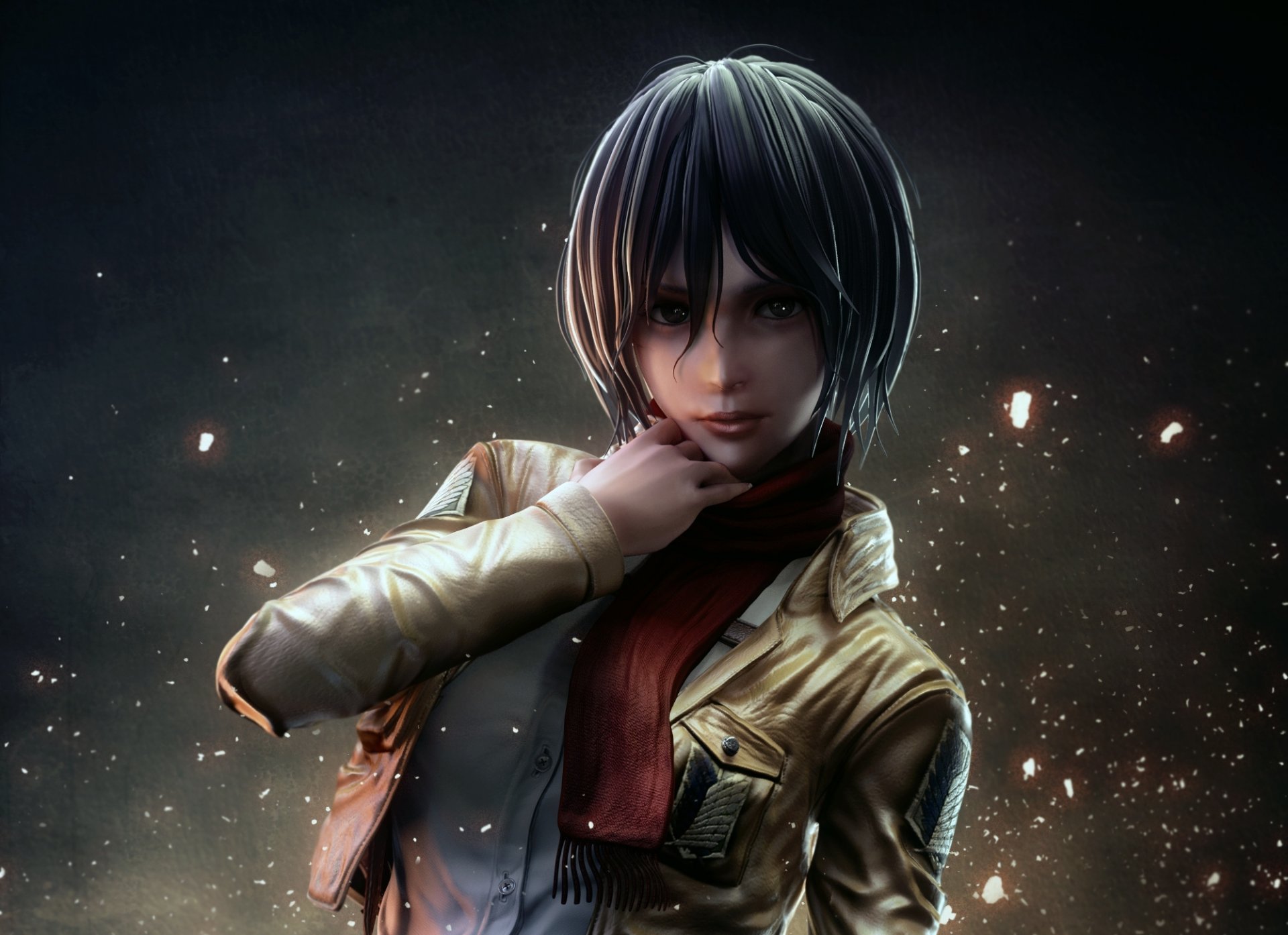 arte tetsuok9999 chica mikasa ackerman mirada gesto bufanda soldado chispas no shingeki no kyojin