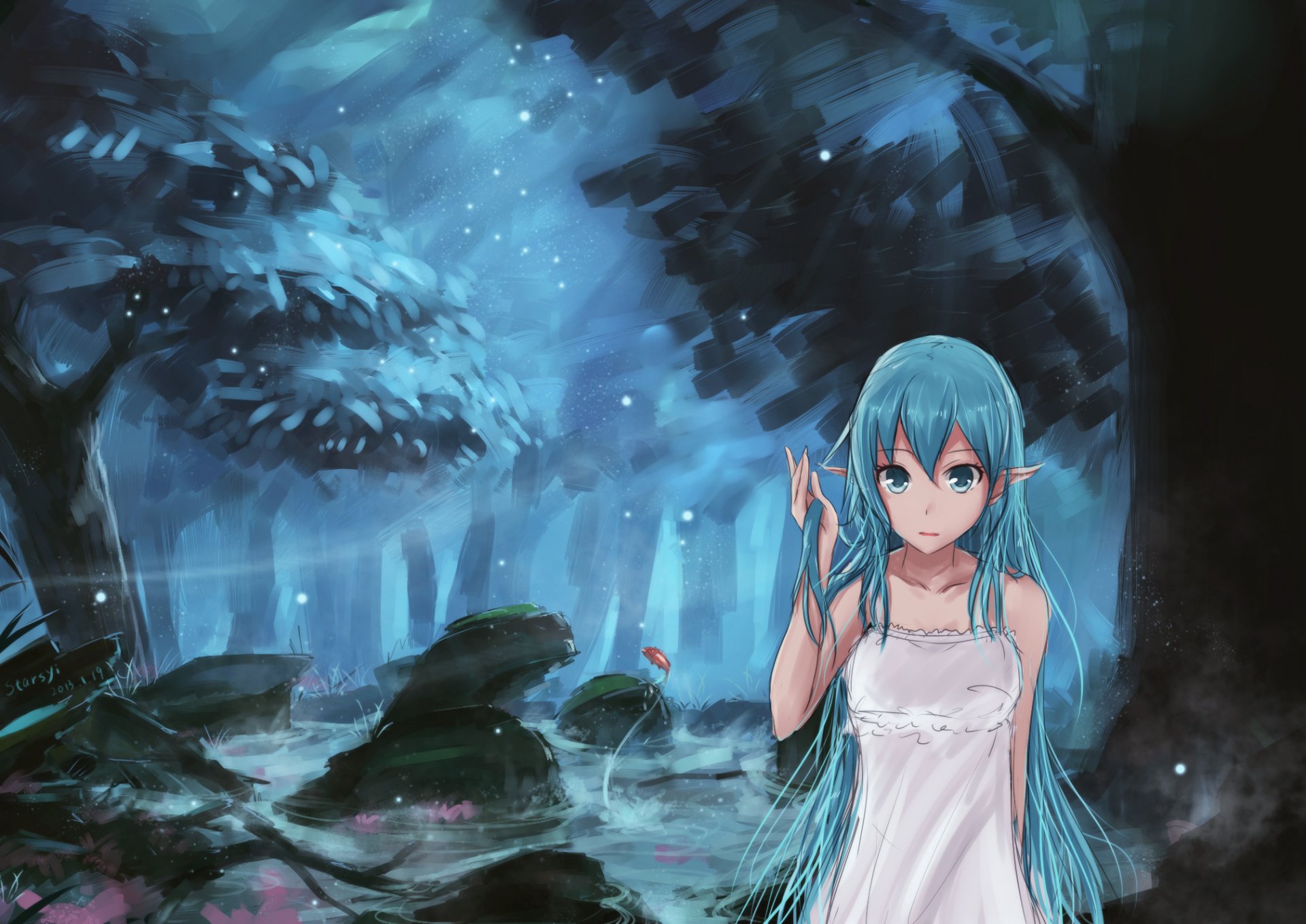 art takeshi takeshi girl hatsune miku look surprise elf stream night colors vocaloid vocaloid