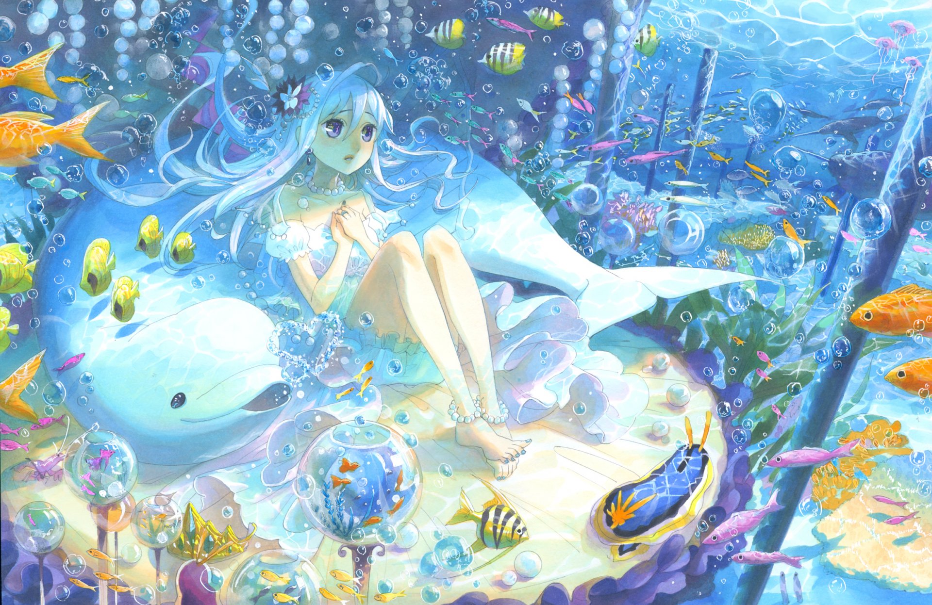 art kyouya kakehi fille poissons dauphin sous l eau bulles