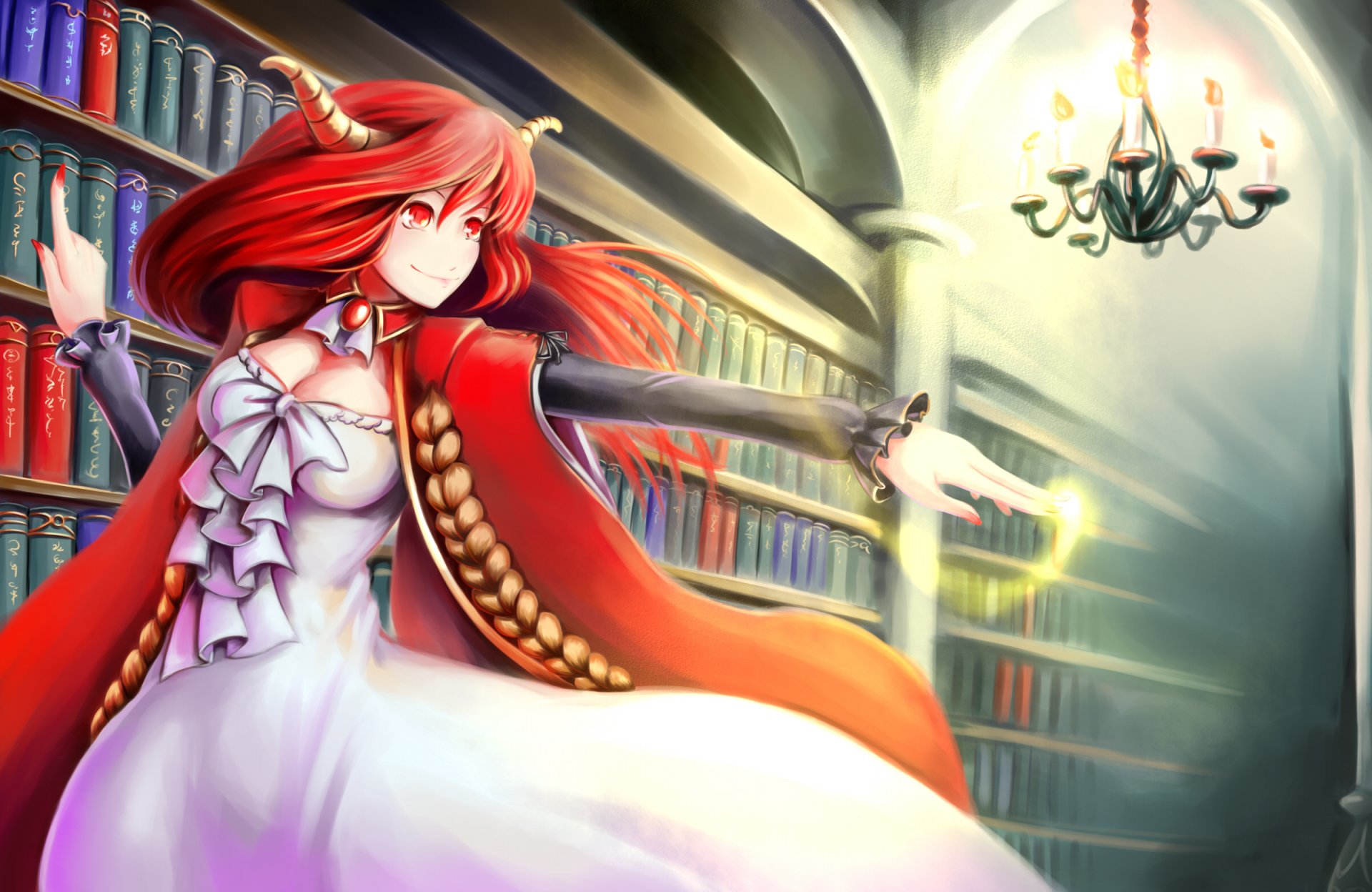 arte seisetu maoyuu maou yuusha maou chica magia libros biblioteca estantes araña cuernos ojos rojos pelirroja