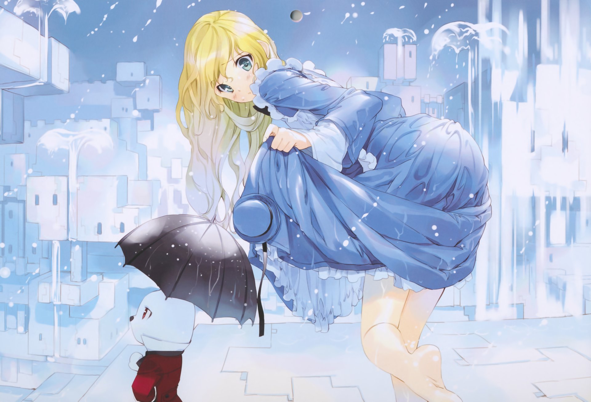 art ueda ryou girl rabbit umbrella rain drops anime town house hat