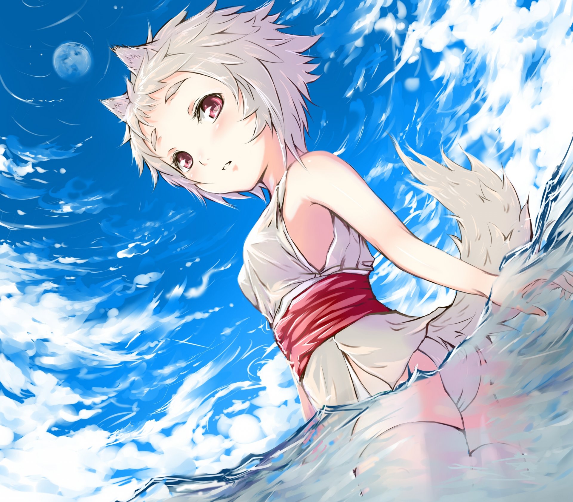 arte mututu touhou chica inubashiri momiji neko orejas cola de caballo traje de baño mar luna