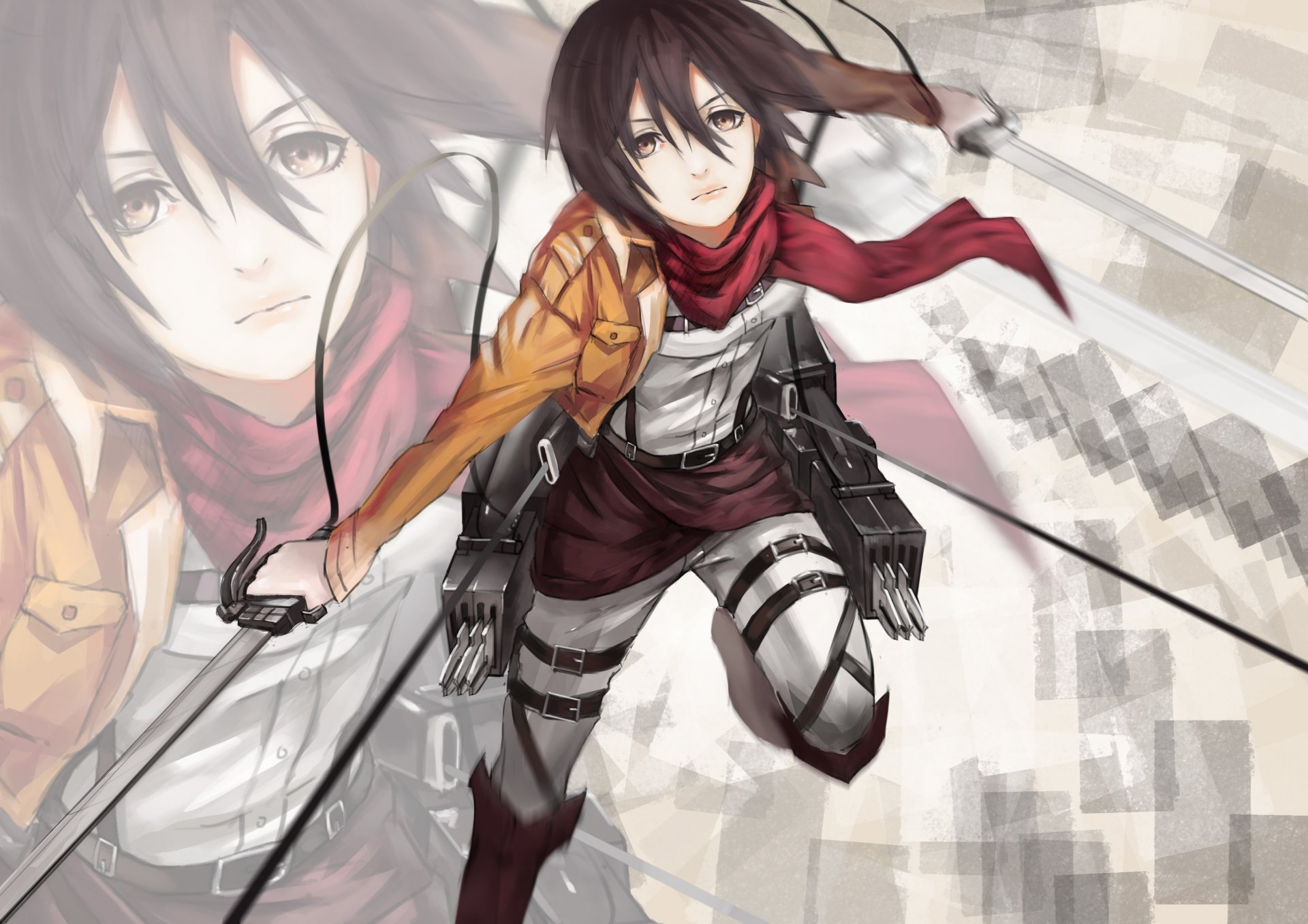 arte hq19910119 chica mikasa ackerman vista cuchillas vuelo cuerdas soldado fondo no shingeki no kyojin