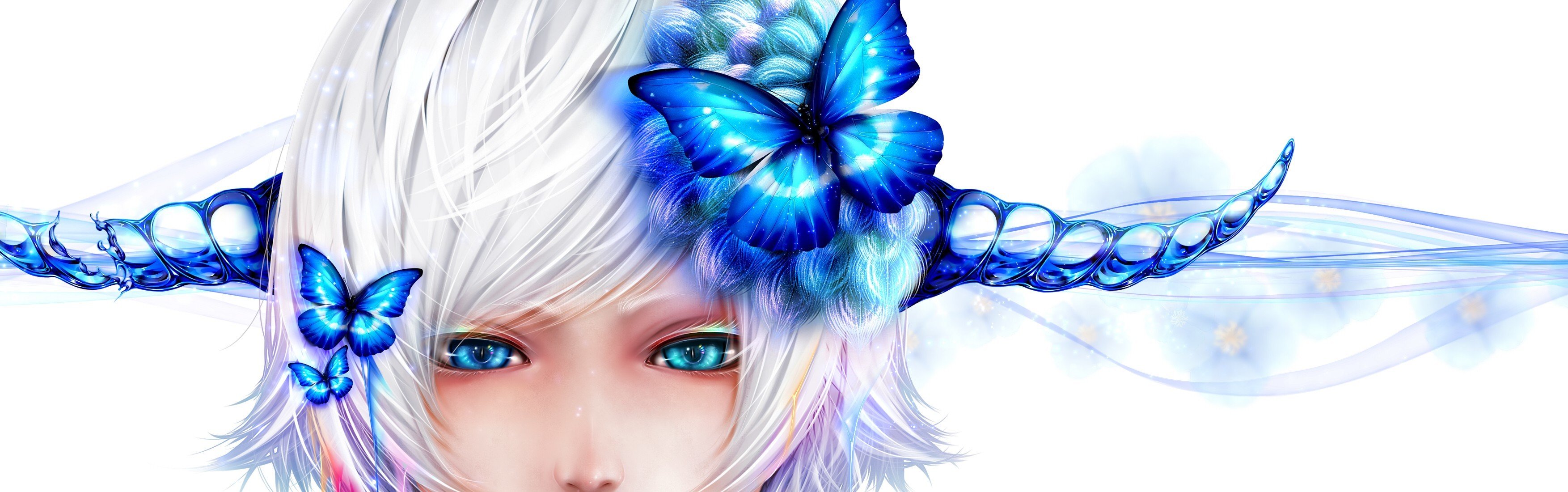 art bouno satoshi girl face horn butterfly white background blue