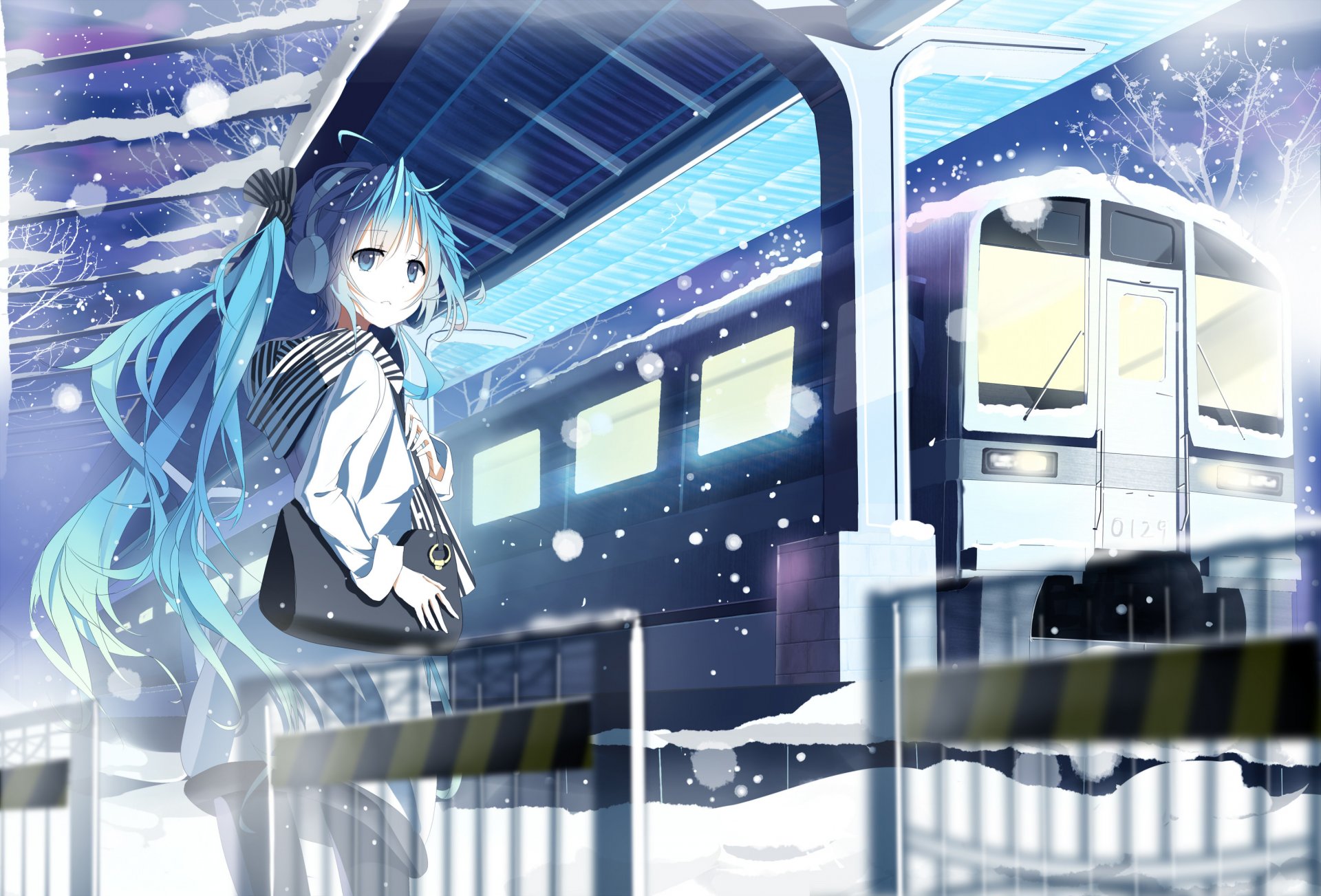 kunst siji vocaloid hatsune miku mädchen station zug schnee winter tasche