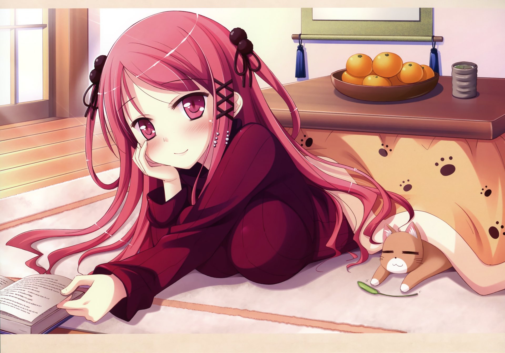 art ko ~ cha sorcière hinomiya ayari fille regard blush sourire poitrine se trouve chat kotatsu livre tapis mandarines thé humeur