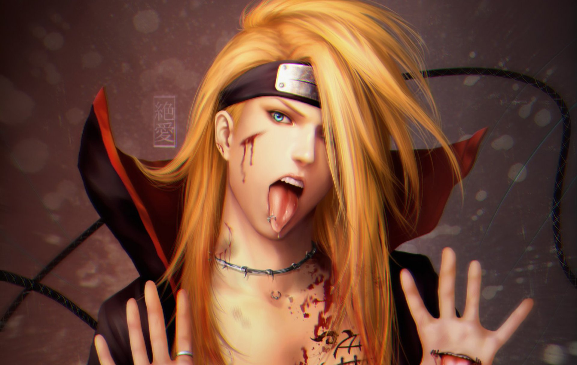 kunst zetsuai89 naruto deidara akatsuki kerl blut piercing zunge stirnband ring umhang