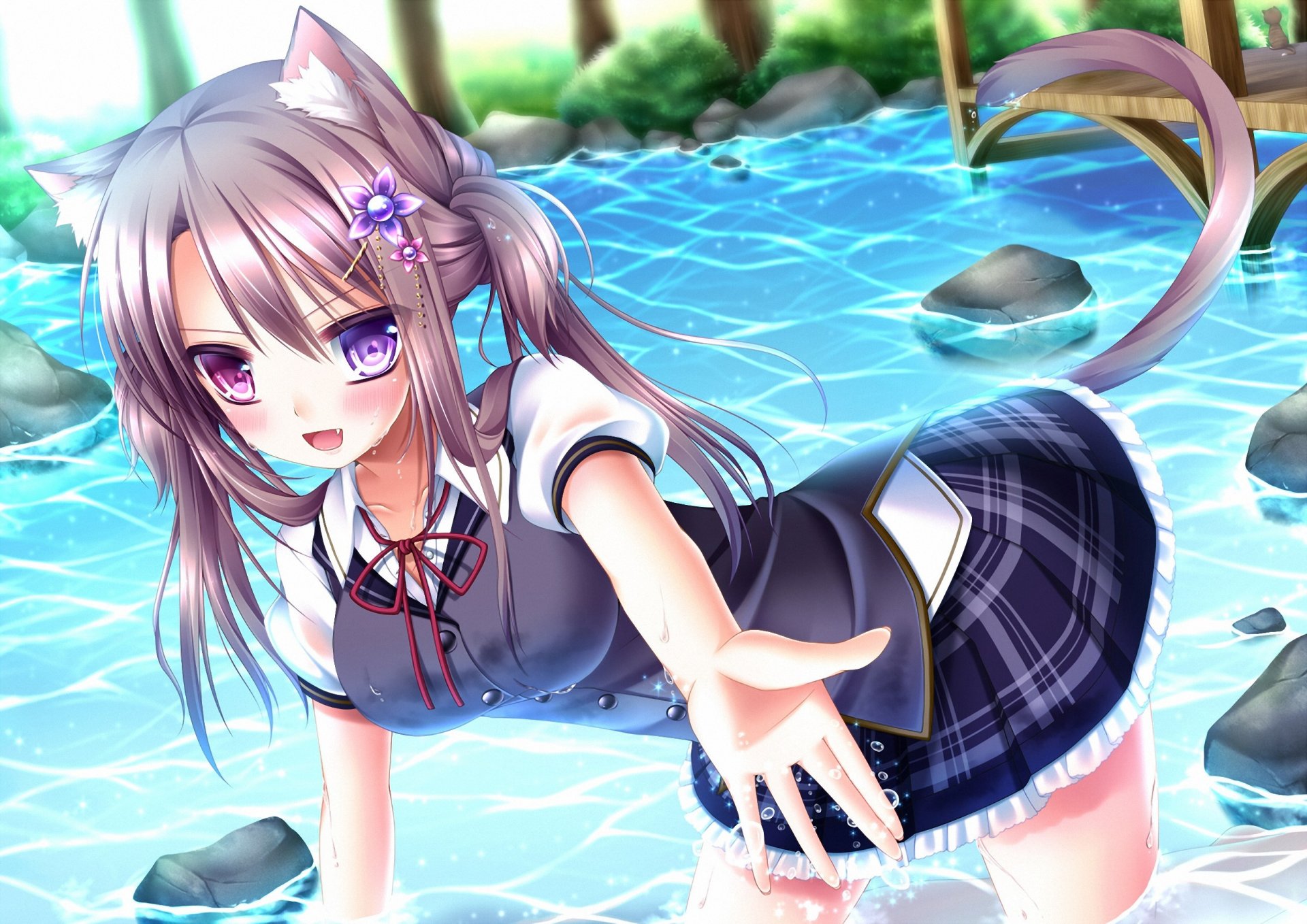 anime girl long hair two tail smile school uniform water flower in her hair cat ears tail