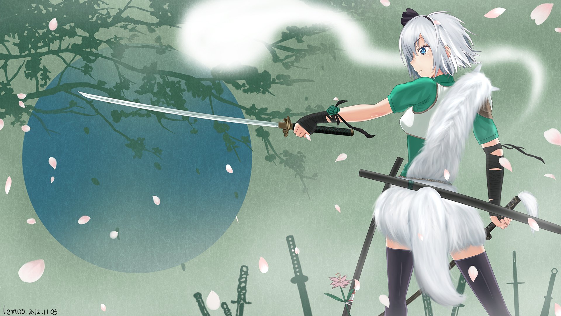 art lemoo touhou konpaku youmu girl sword katana back spirit tail tree