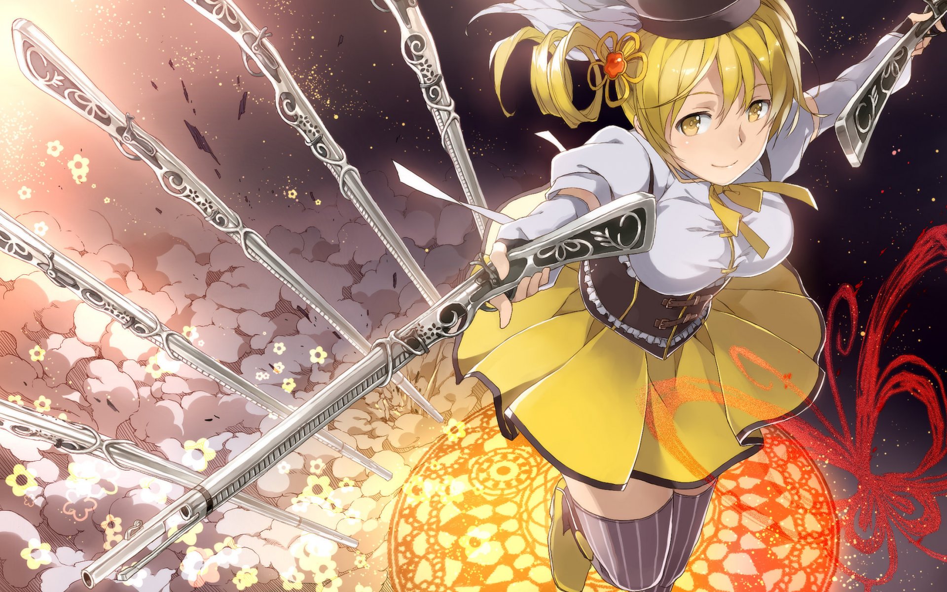 chica tomoe mami mirada estado de ánimo sonrisa armas mahou shoujo madoka magika