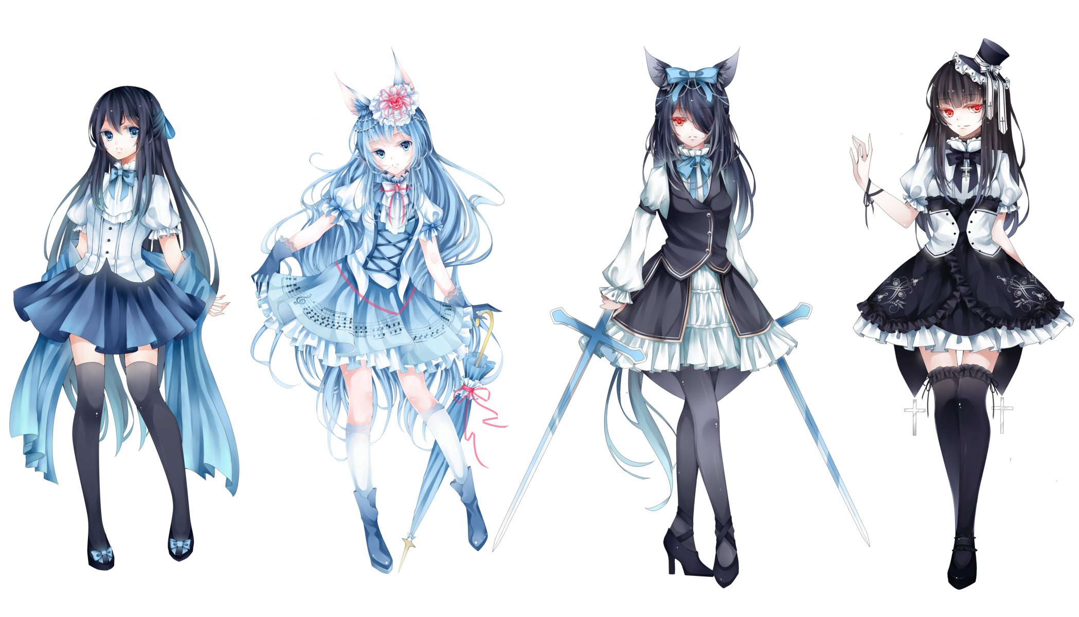 art girls loli ears flower sword weapon umbrella hat cross anime