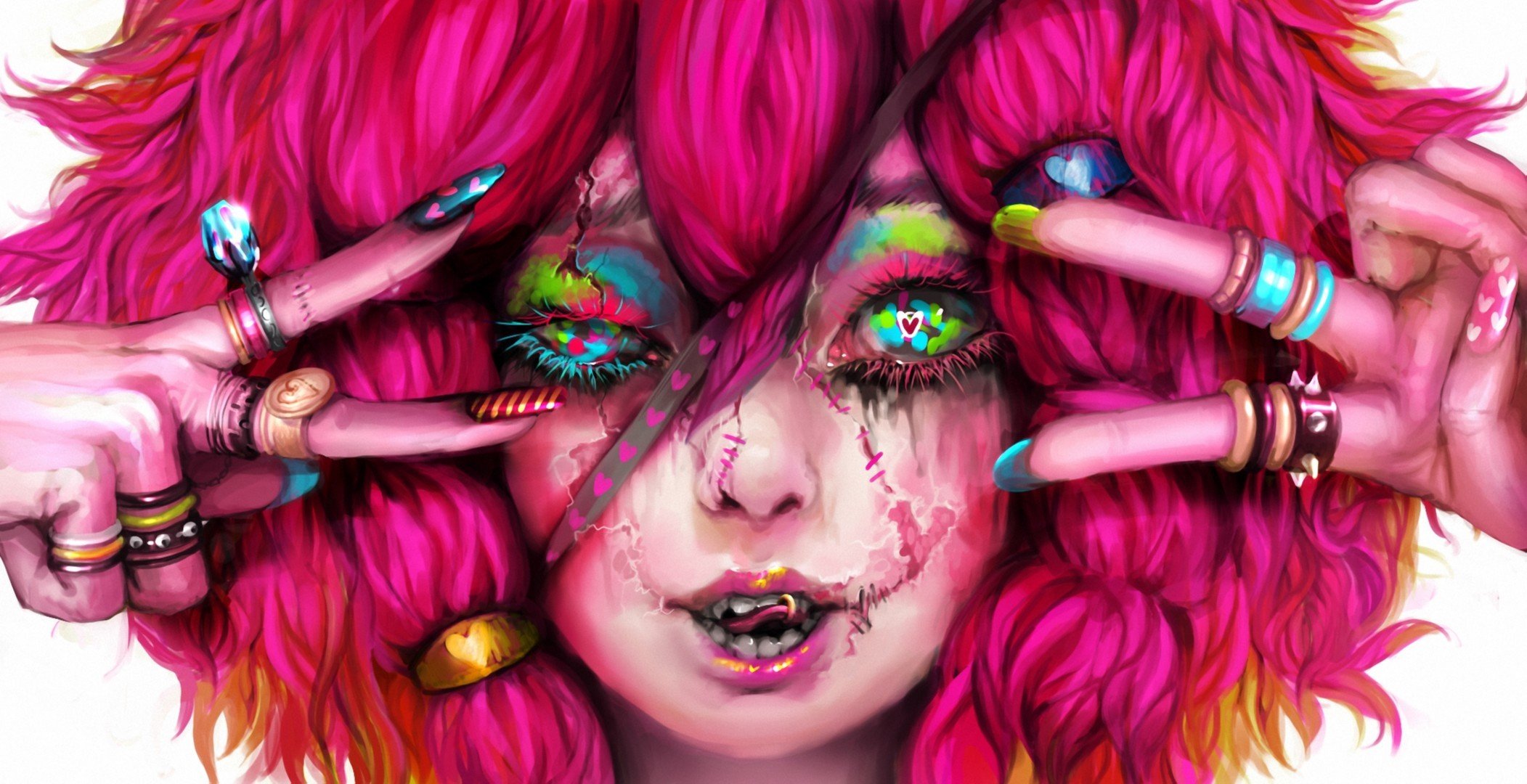 art genki-de girl piercing scars rings pink hair kawai