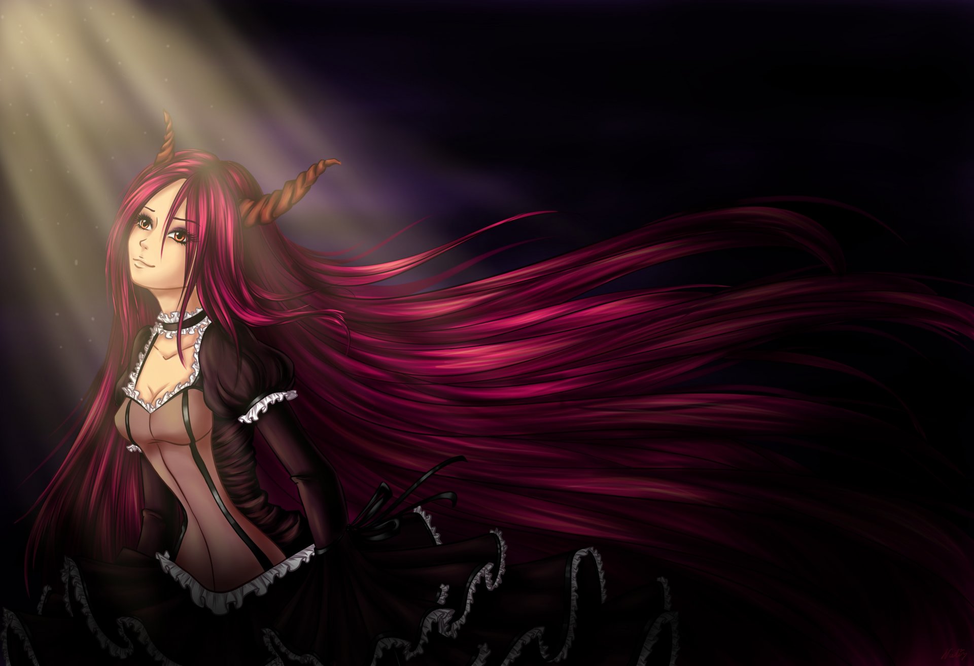 anime girl demon horn red hair face view dress black background