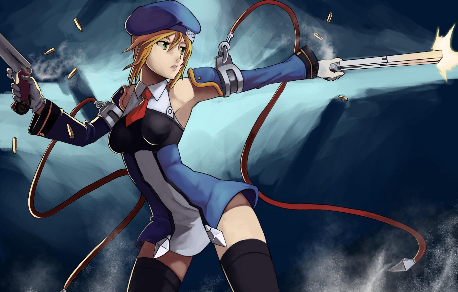 blazblue noel écarlate fille uniforme béret arme tir pistolet cravate douilles