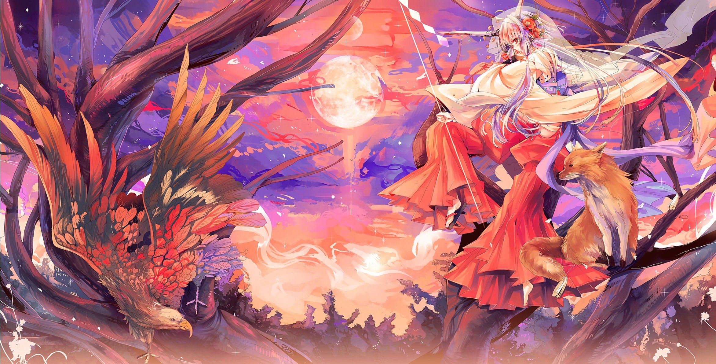 anime girl fox kitsune fox animals bird moon