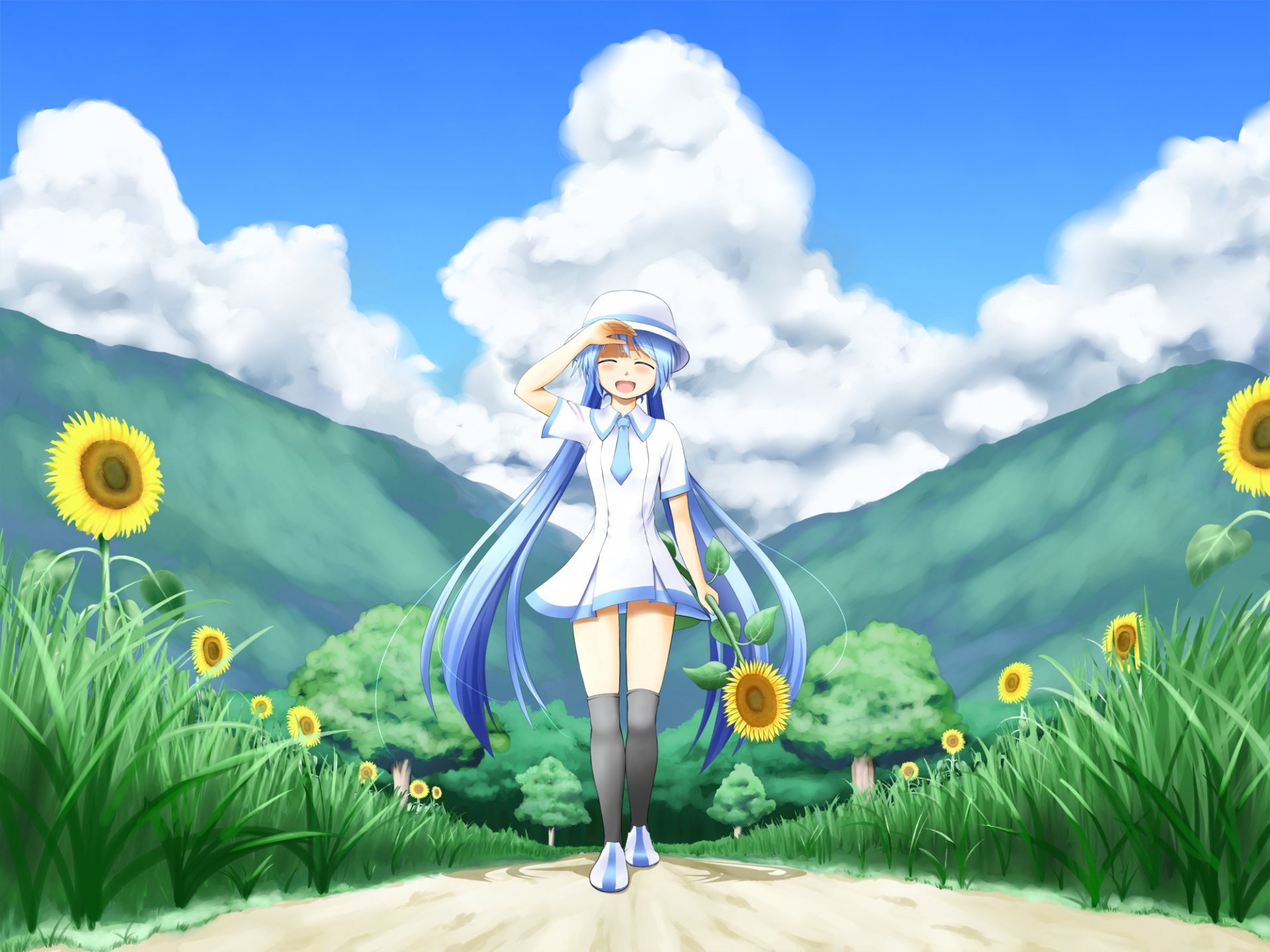 art nanatsuba fille hatsune miku humeur joie nature tournesols arbres nuages soleil vocaloid vocaloid