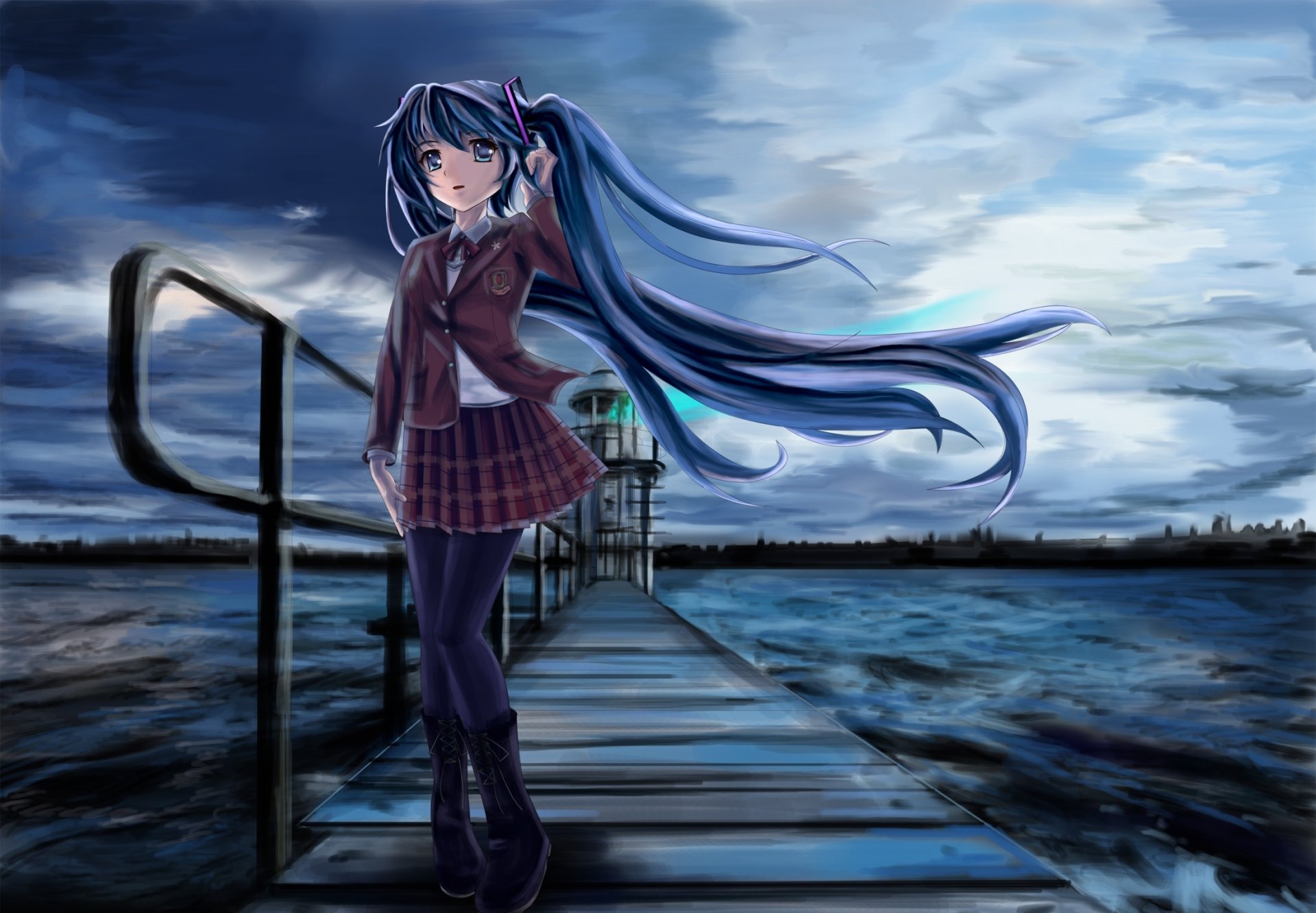 kunst edogawakid mädchen hatsune miku schuluniform brücke leuchtturm meer kälte dunkelheit vocaloid vocaloid