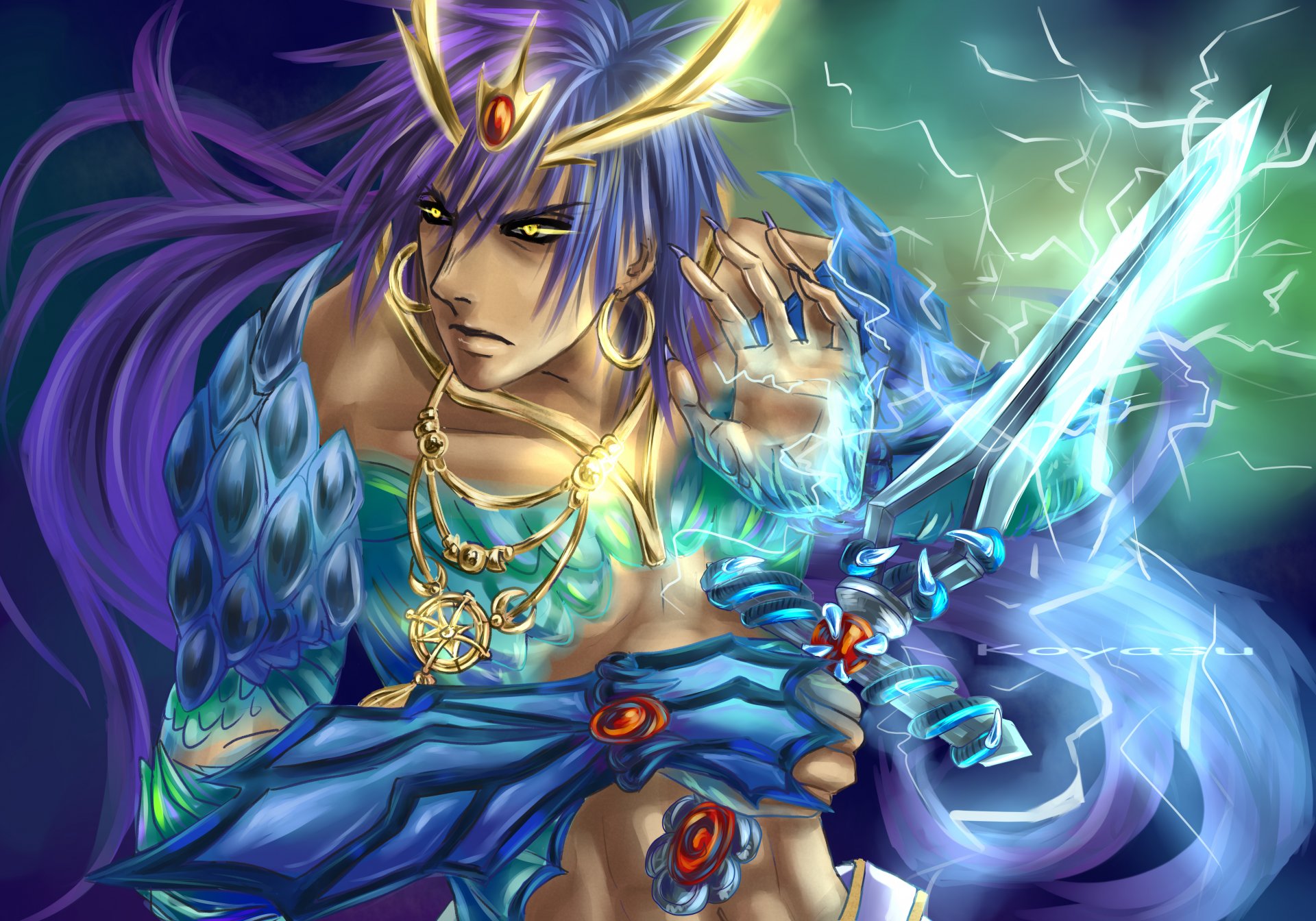 art koyasu anime magi the labyrinth of magic sinbad guy sword weapon magic electricity