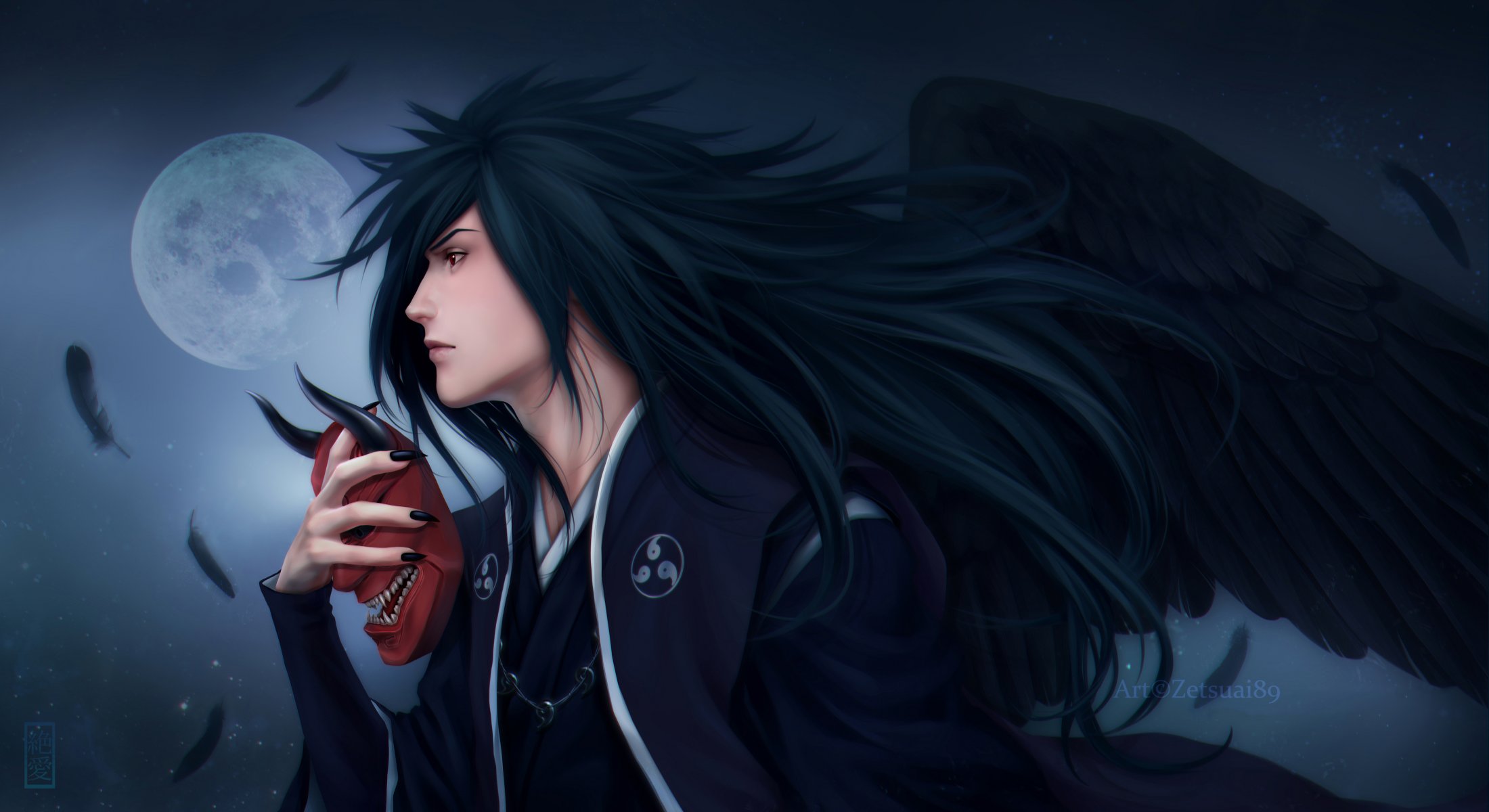 arte zetsuai89 paren uchiha madara alas plumas máscara luna noche naruto