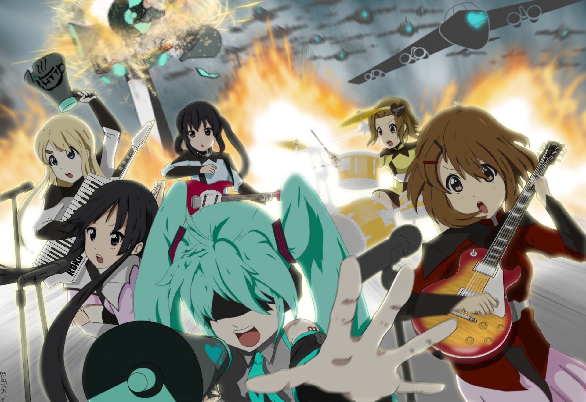 guerra del amor vocaloid hatsune miku vocaloid k-on chicas banda anime guitarra explosiones fuego