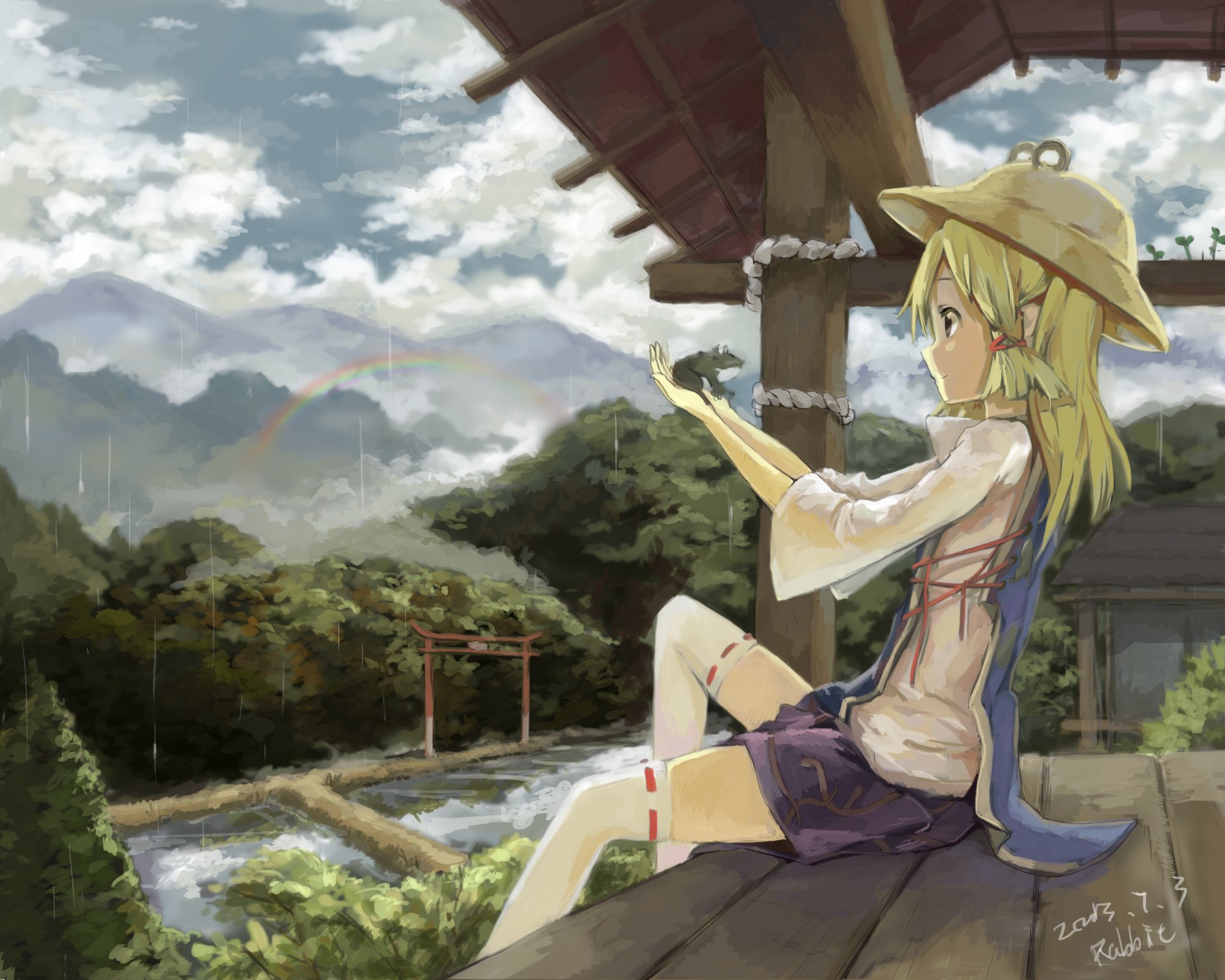 kunst gensou kuro usagi touhou moria suwako mädchen haus hut natur bäume regen regenbogen frosch anime