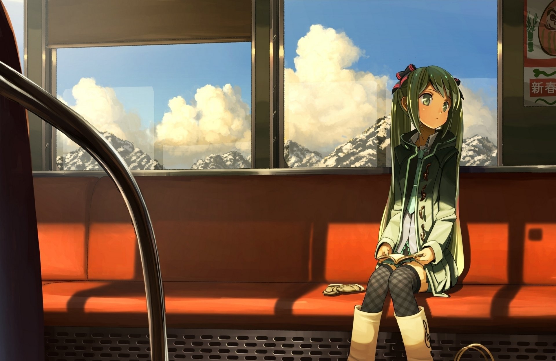 art domo1220 vocaloid hatsune miku fille wagon affiches siège vocaloid montagnes nuages train mitaines