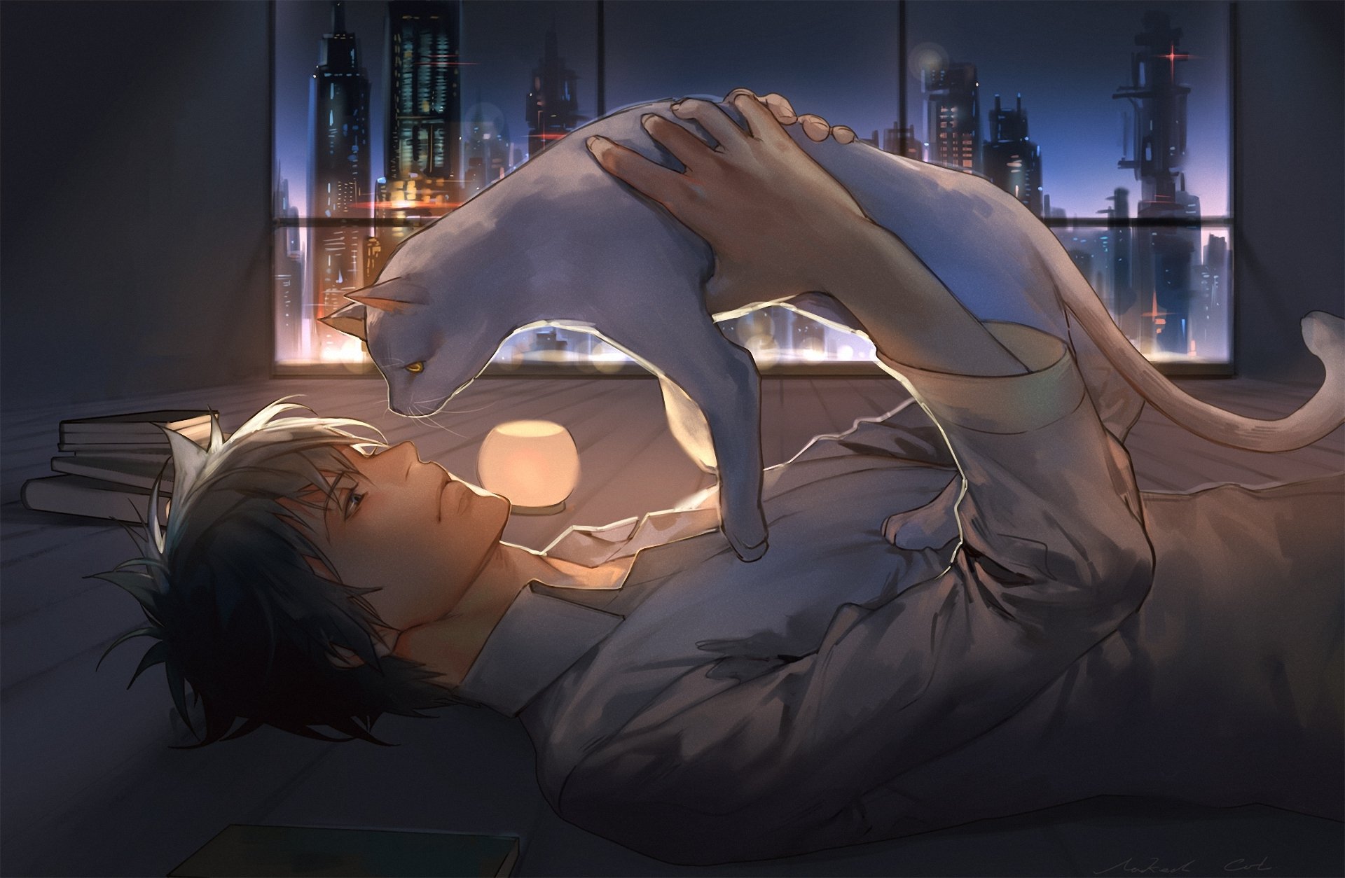 arte gato desnudo psycho-pas shinya kougami chico gato noche ventana