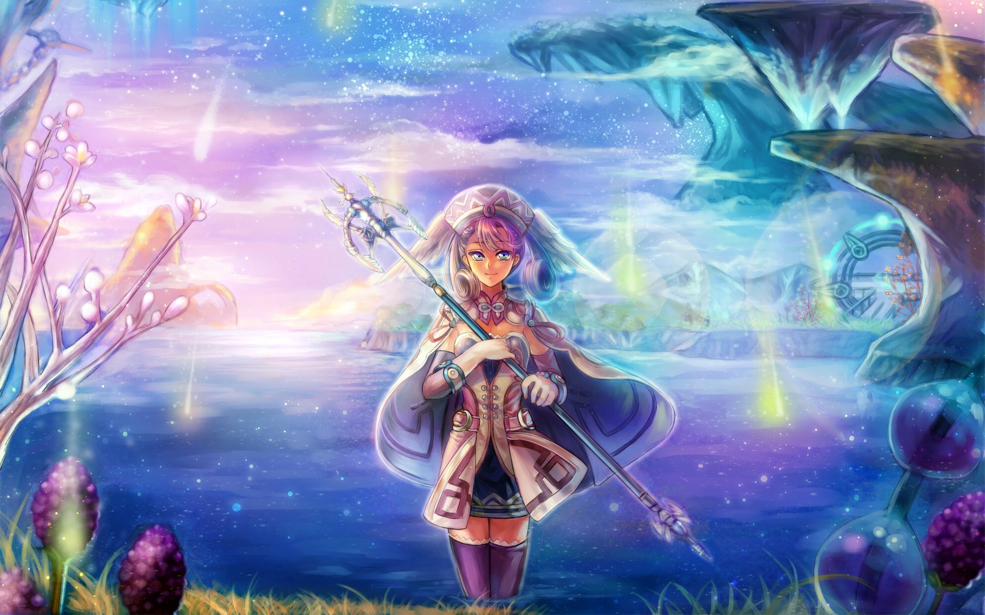 art nadir xenoblade game melia girl lake rock staff