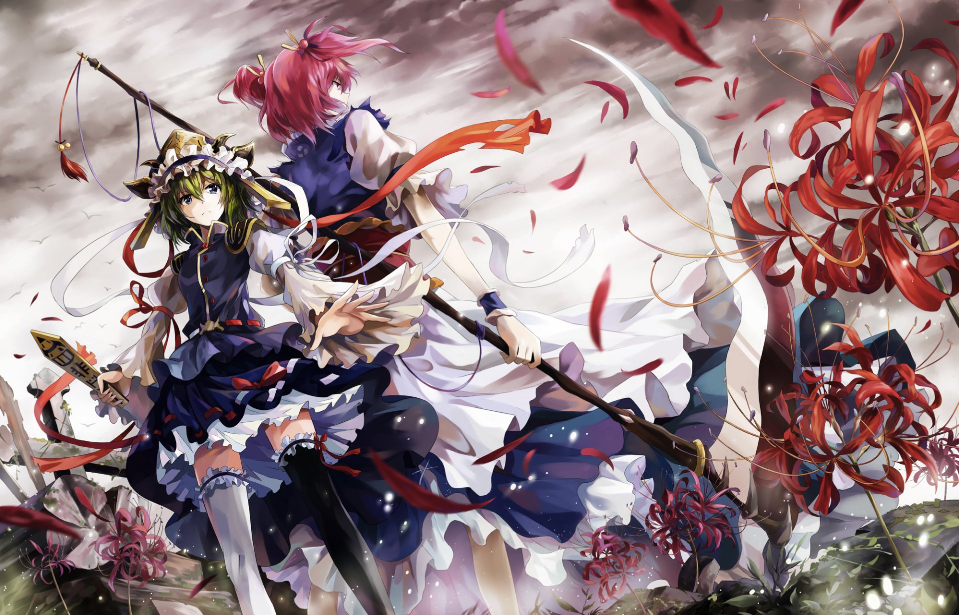 kunst neko yanshoujie touhou onozuka komachi shikeiki yamaxanadu mädchen zopf blumen lycoris strahlend band wind