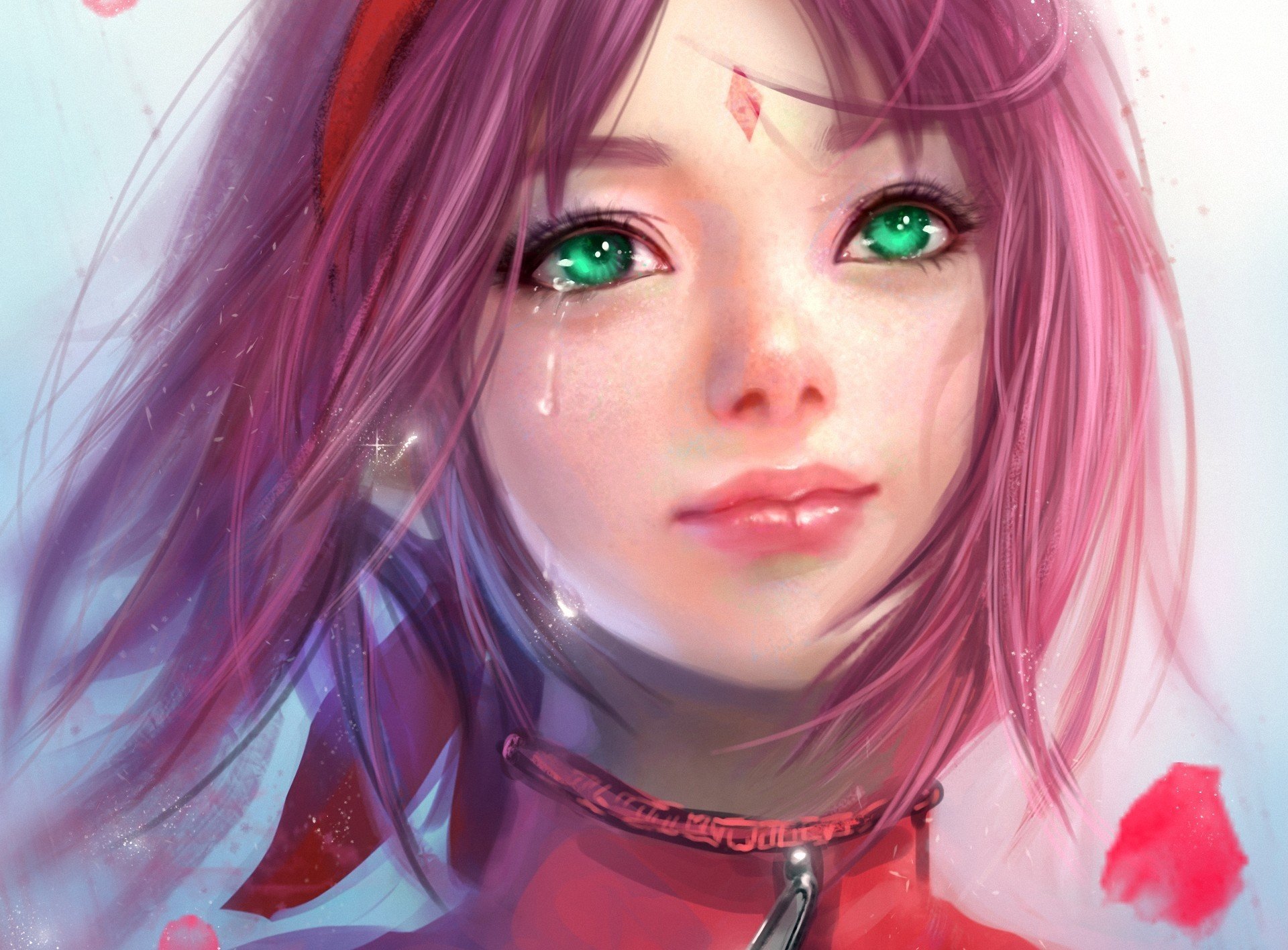 arte rikamello sakura haruno naruto chica pelo rosa lágrima pétalos