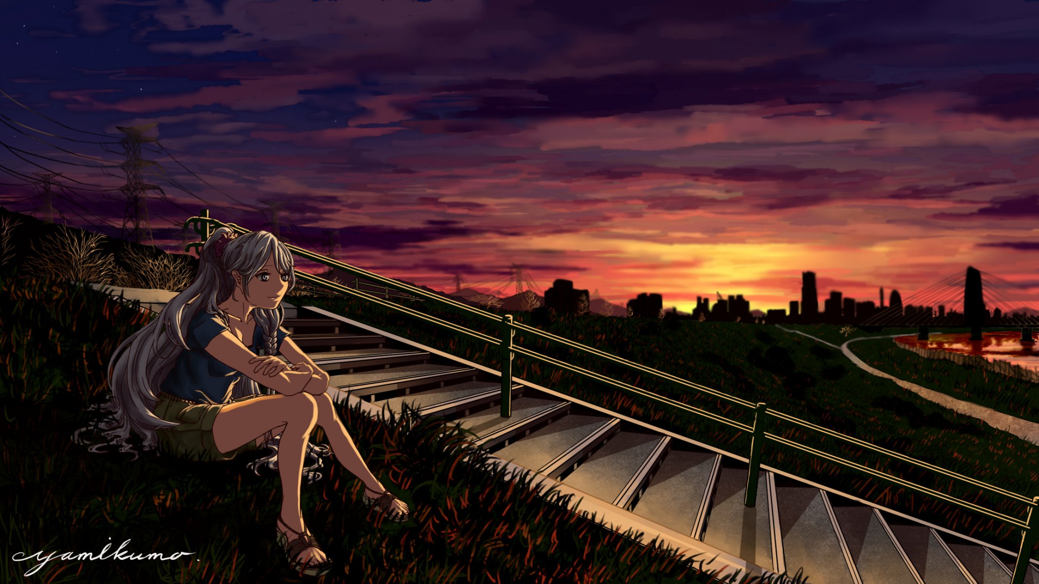 vocaloid hatsune miku girl sitting night sunset hill a step stairs rails gra