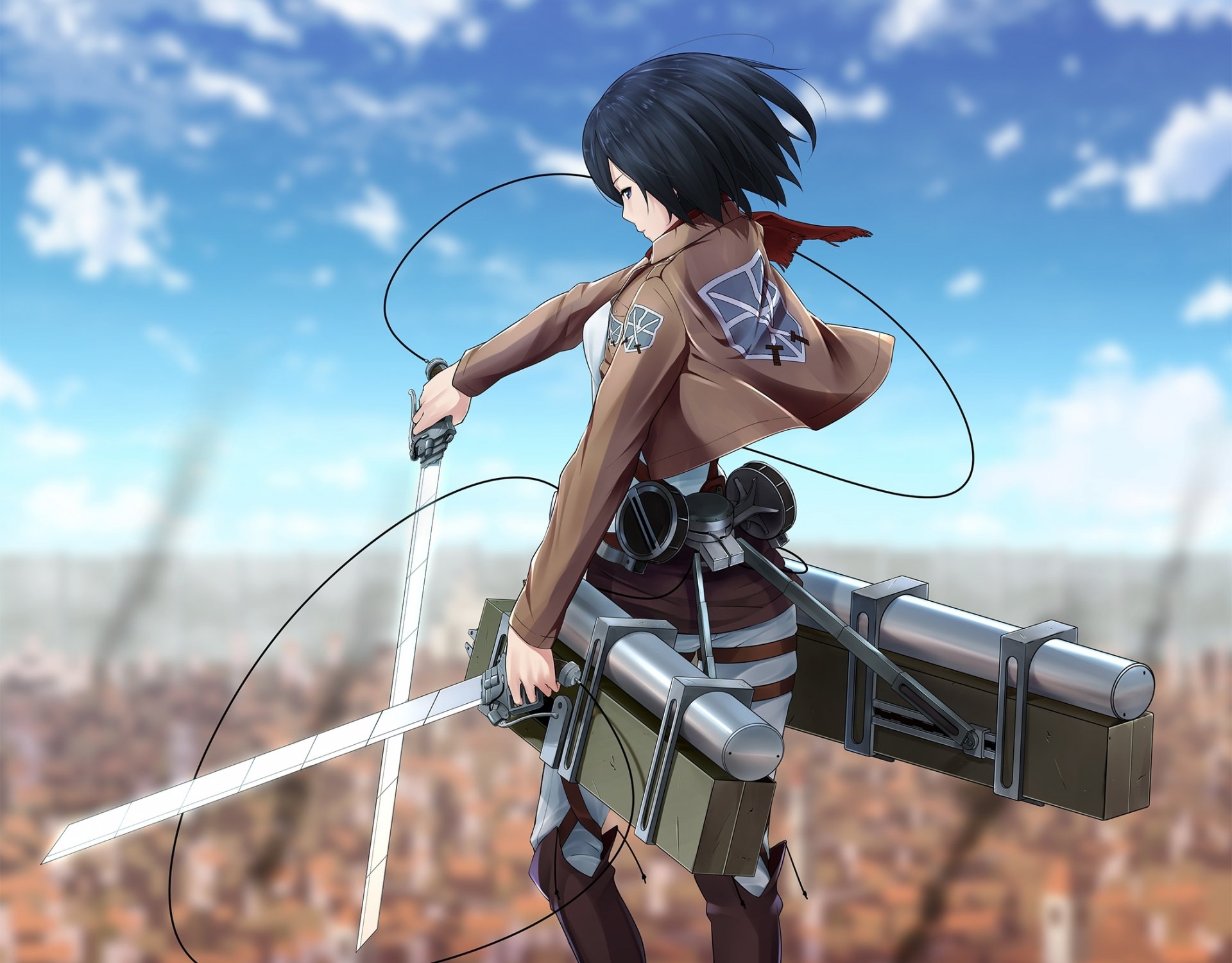 art ninnzinn girl mikasa ackerman view anger blade appliances scarf wall town shingeki no kyojin