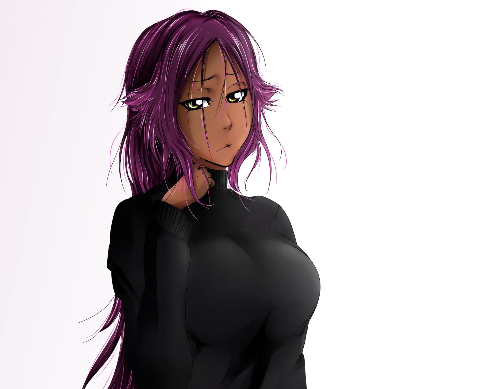 arte kamest chica shihouin yoruichi mirada vergüenza gesto pecho lejía lejía