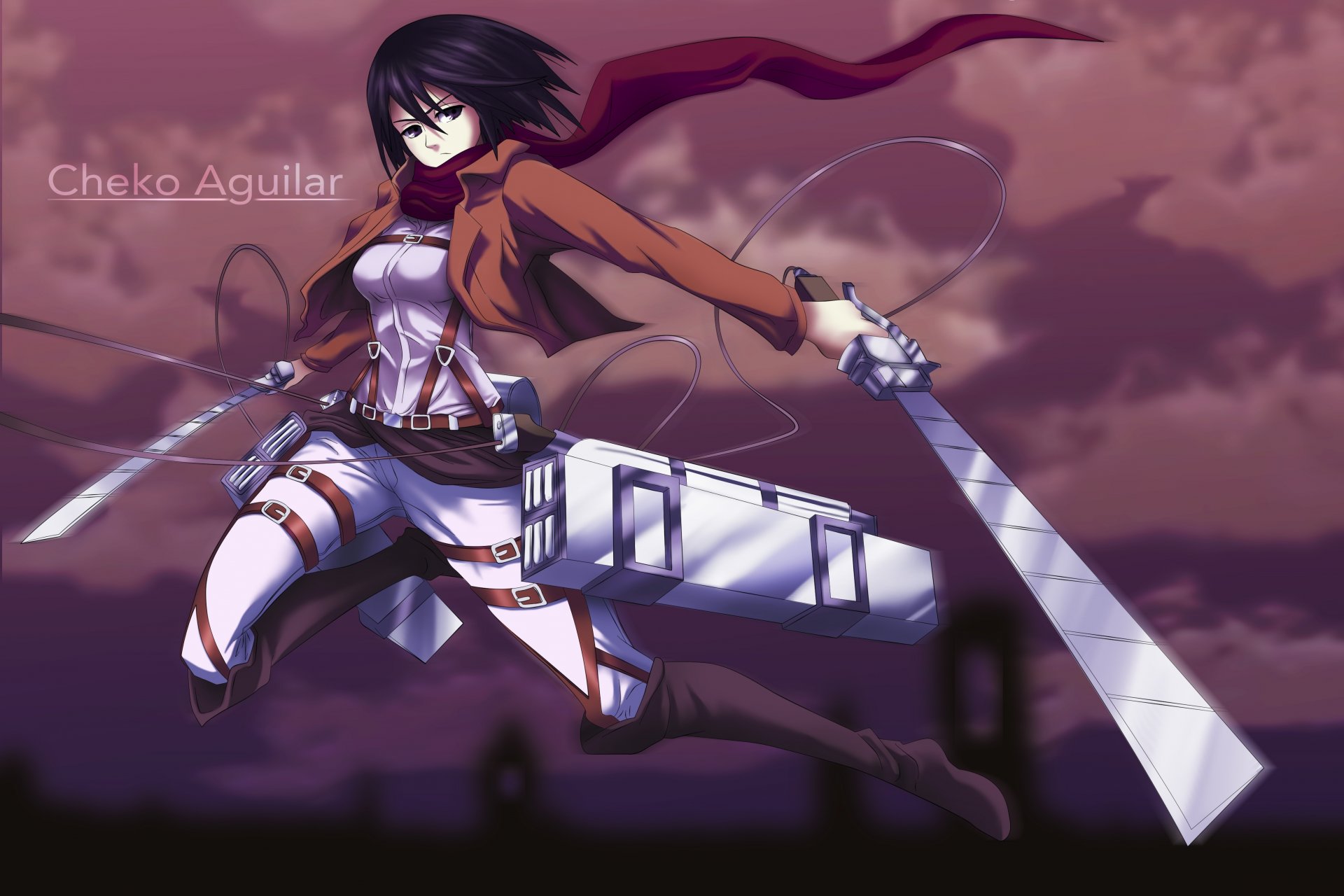 art cheko aguilar fille mikasa ackerman regard colère vol lames adaptations soldat ville shingeki pas kyojin