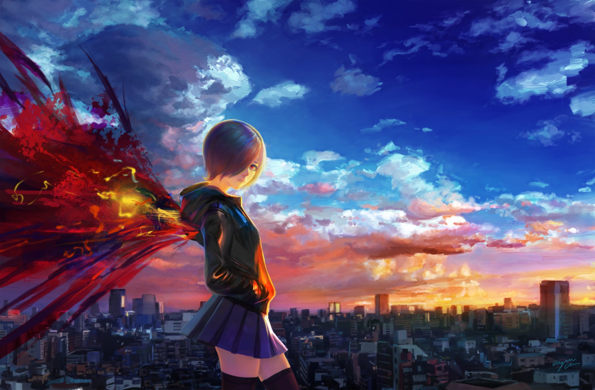 art shitub52 anime tokyo ghoul kirishima touka fille ville maisons ailes ciel nuages tokyo ghoul coucher de soleil