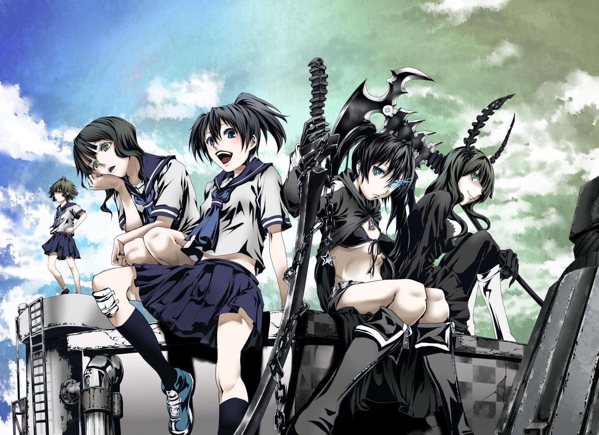 art munakata anime black rock shooter black rock shooter maître mort mato kuroi takanashi emi yuu filles écolières ciel nuages katana tresse armes cornes uniforme échelle