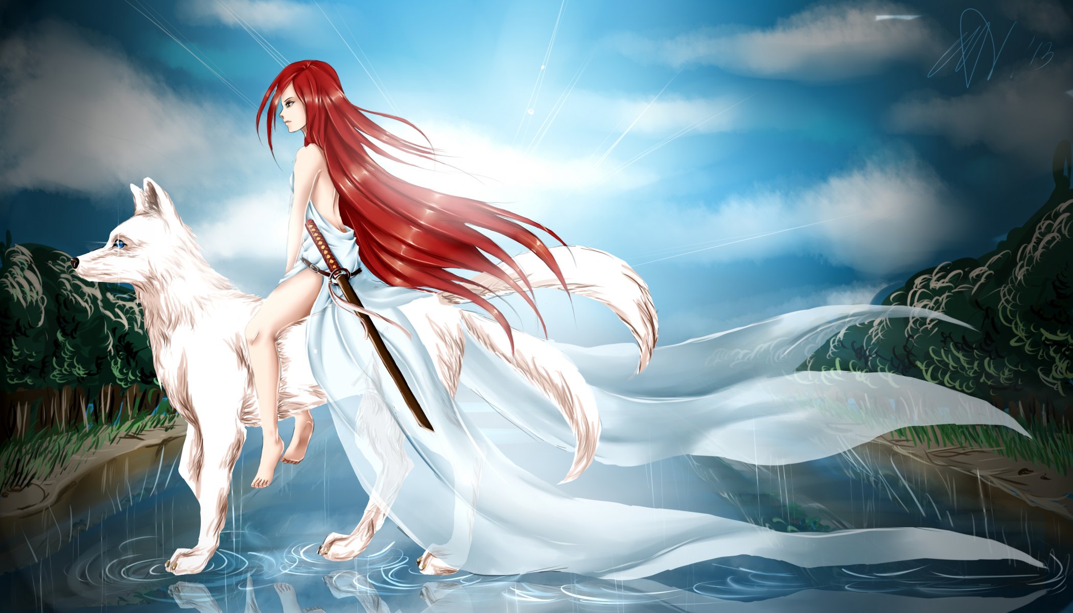 anime arte chica pelo rojo perfil vestido espada. armas lobo blanco lluvia agua reflexión cielo nubes árboles