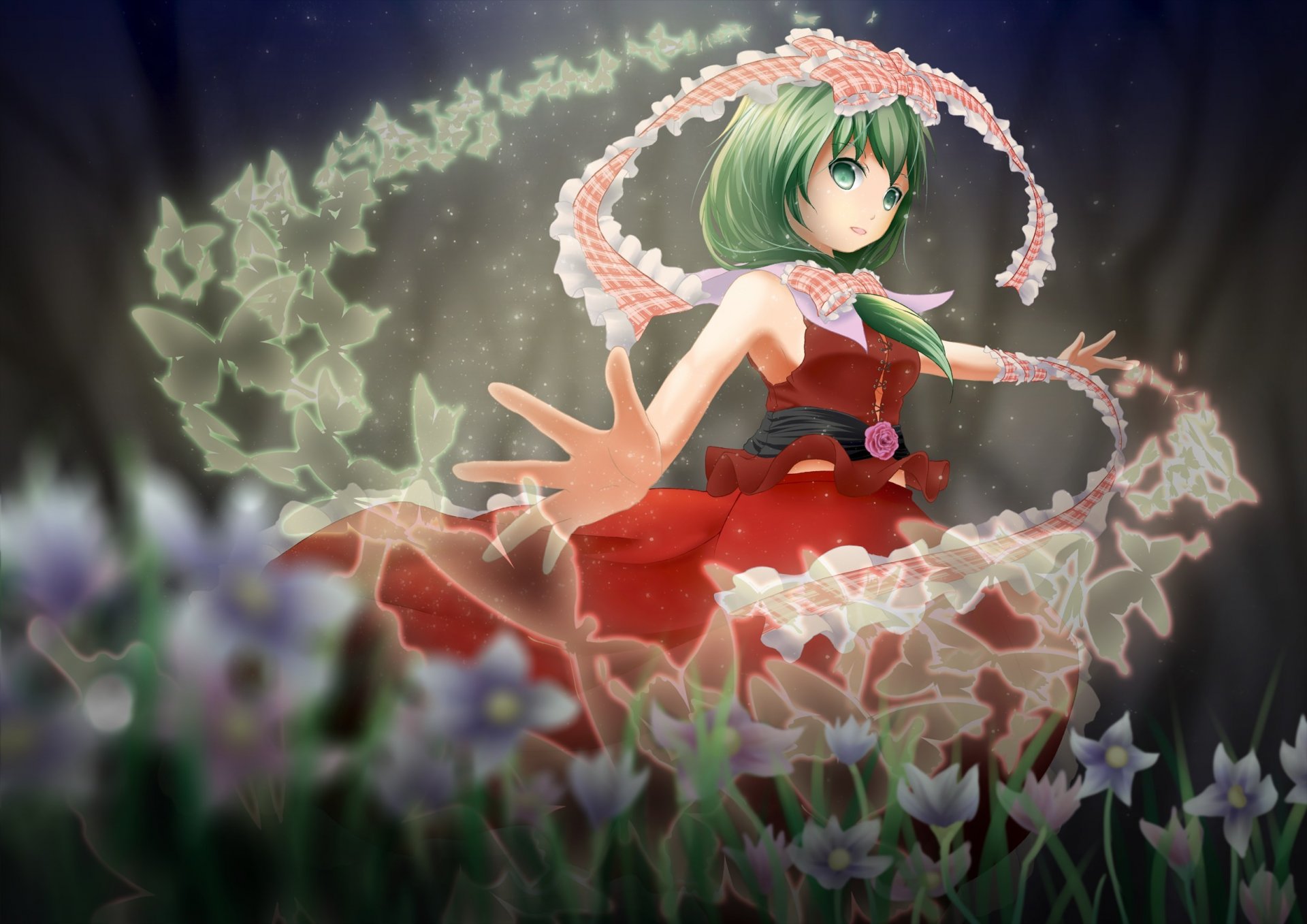 touhou kagiyama hina dziewczyna zielone włosy czerwona sukienka kwiaty wstążki