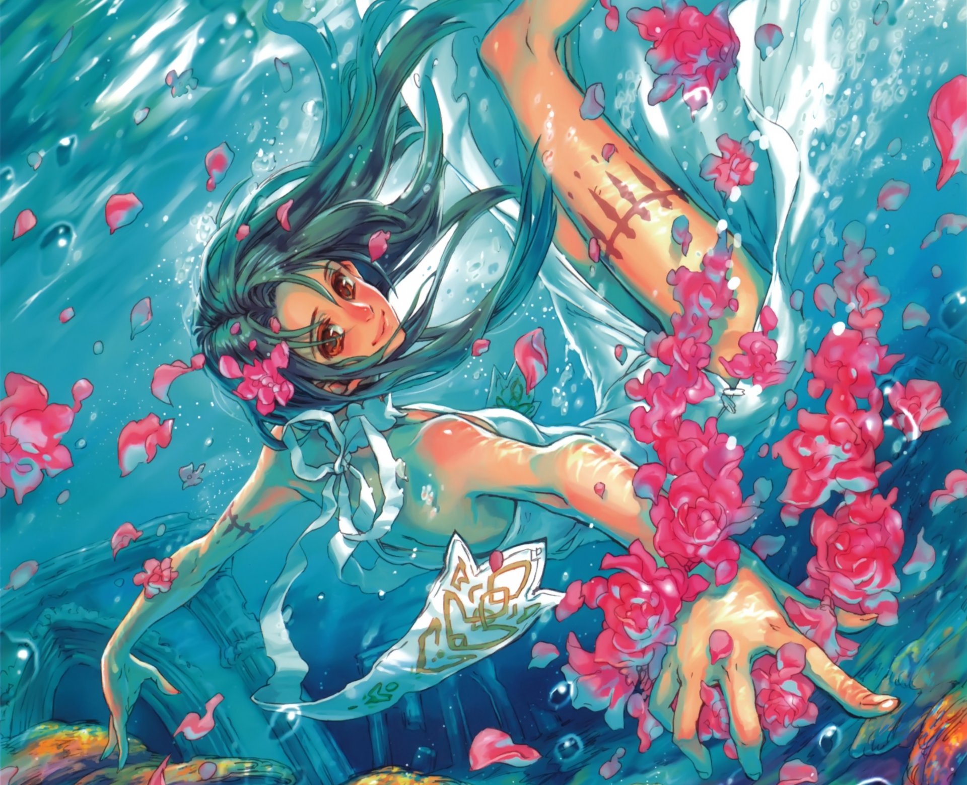 art midori foo girl under water bubbles flower petals anime