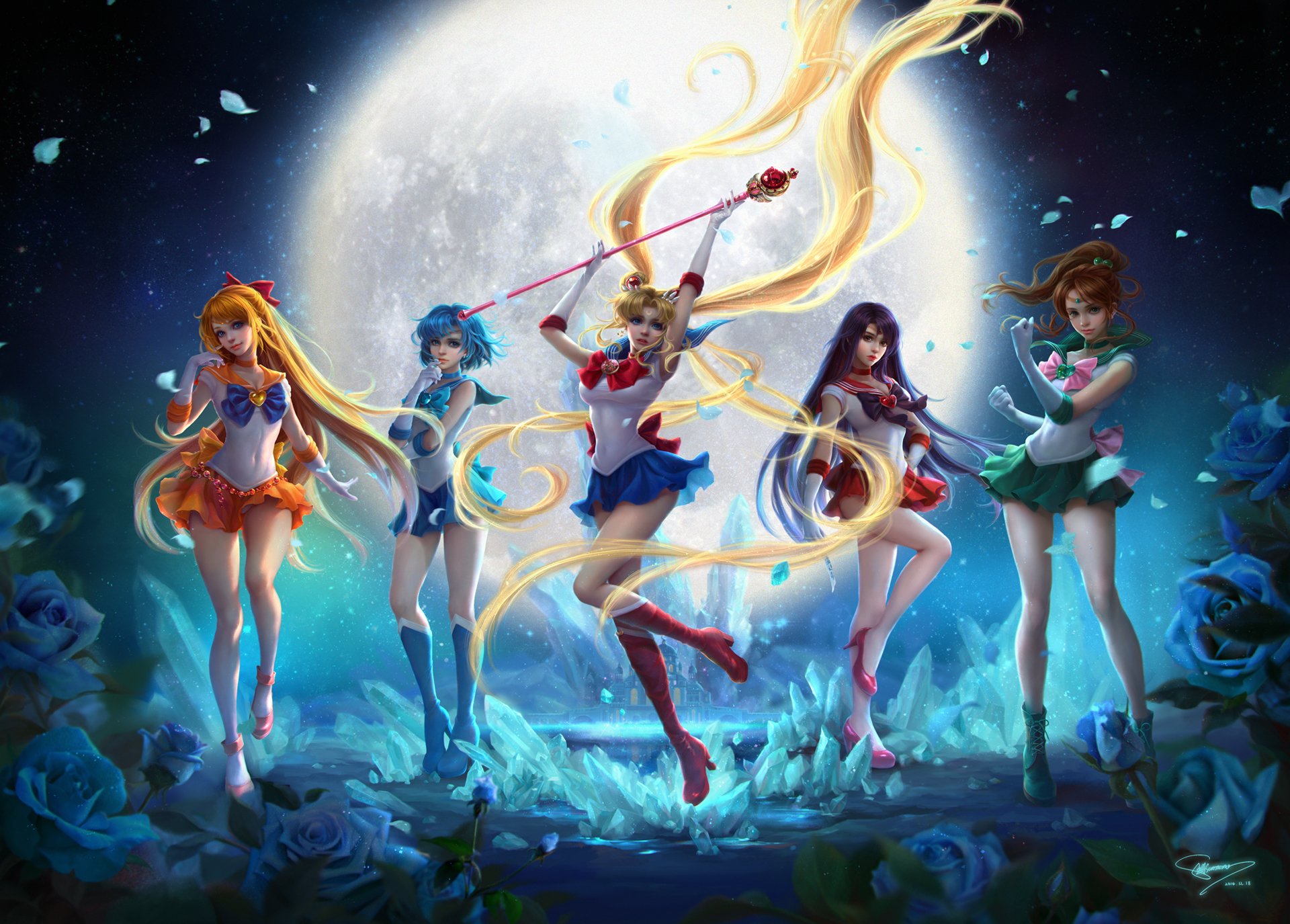 art sunmomo anime bishoujo senshi sailor moon tsukino usagi sailor moon aino minako sailor vénus sailor mars hino rei mizuno ami sailor mercury sailor jupiter film makoto filles lune fleurs roses nuit ciel étoiles