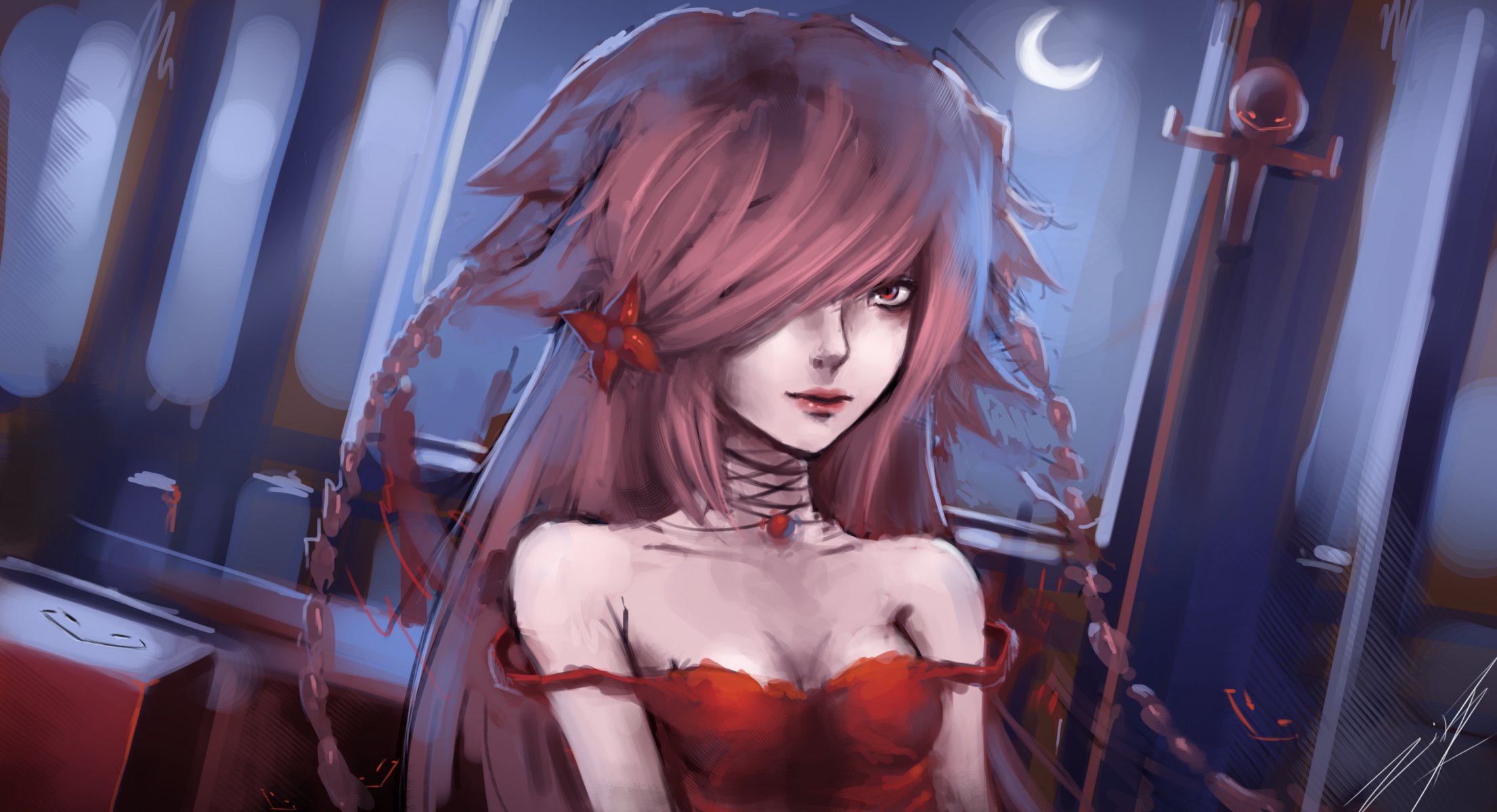 anime vampira ragazza faccia sguardo vestito rosso capelli facce notte luna