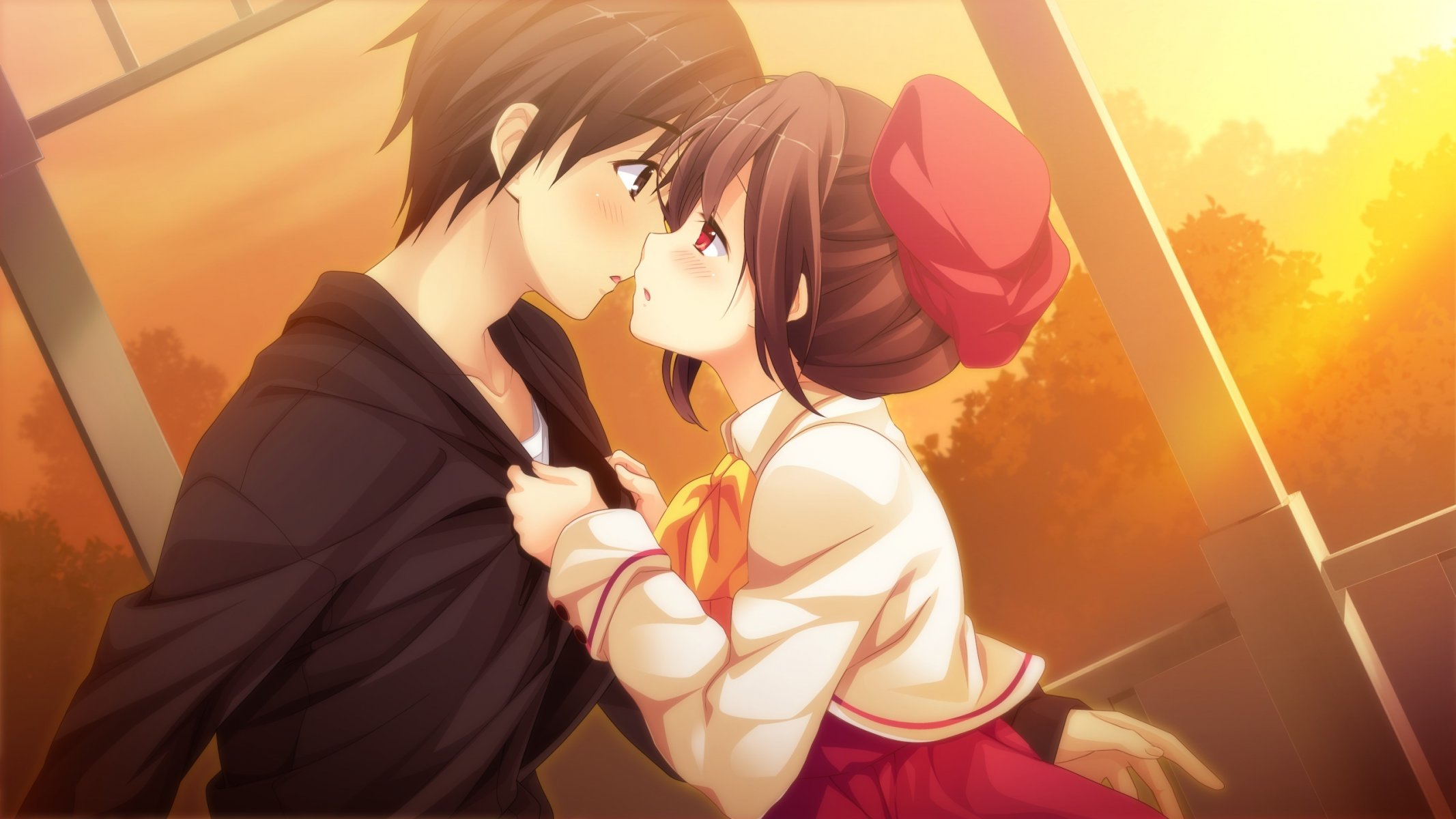 art marui kanojo to ore to koibito to game cg girl guy the pair kiss sunset