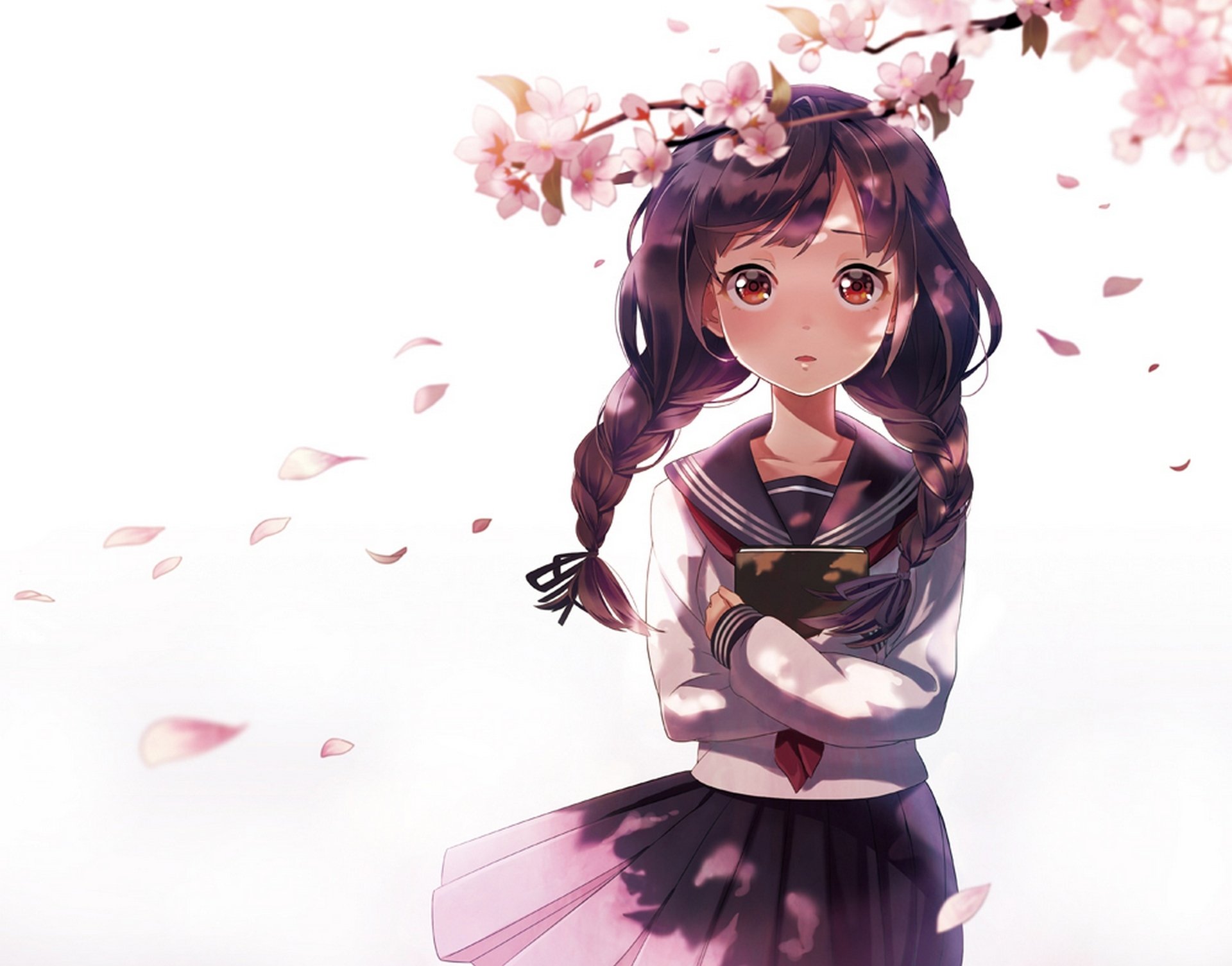 arte pecore sonno ragazza fiori sakura rami studentessa uniforme trecce petali libro anime