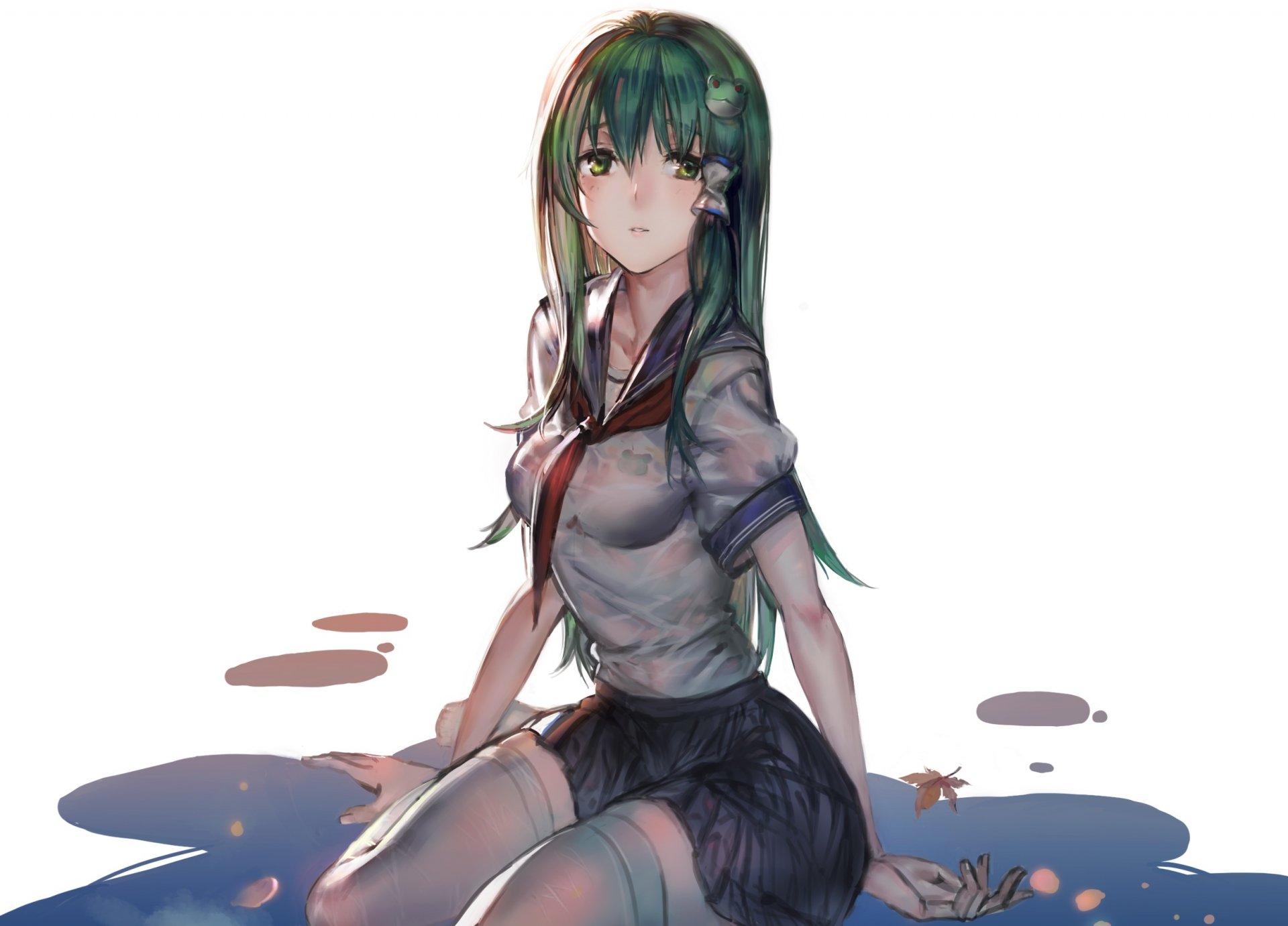 art kishiyo touhou kochiya sanae dziewczyna woda pończochy żaba uczennica mundurek krawat